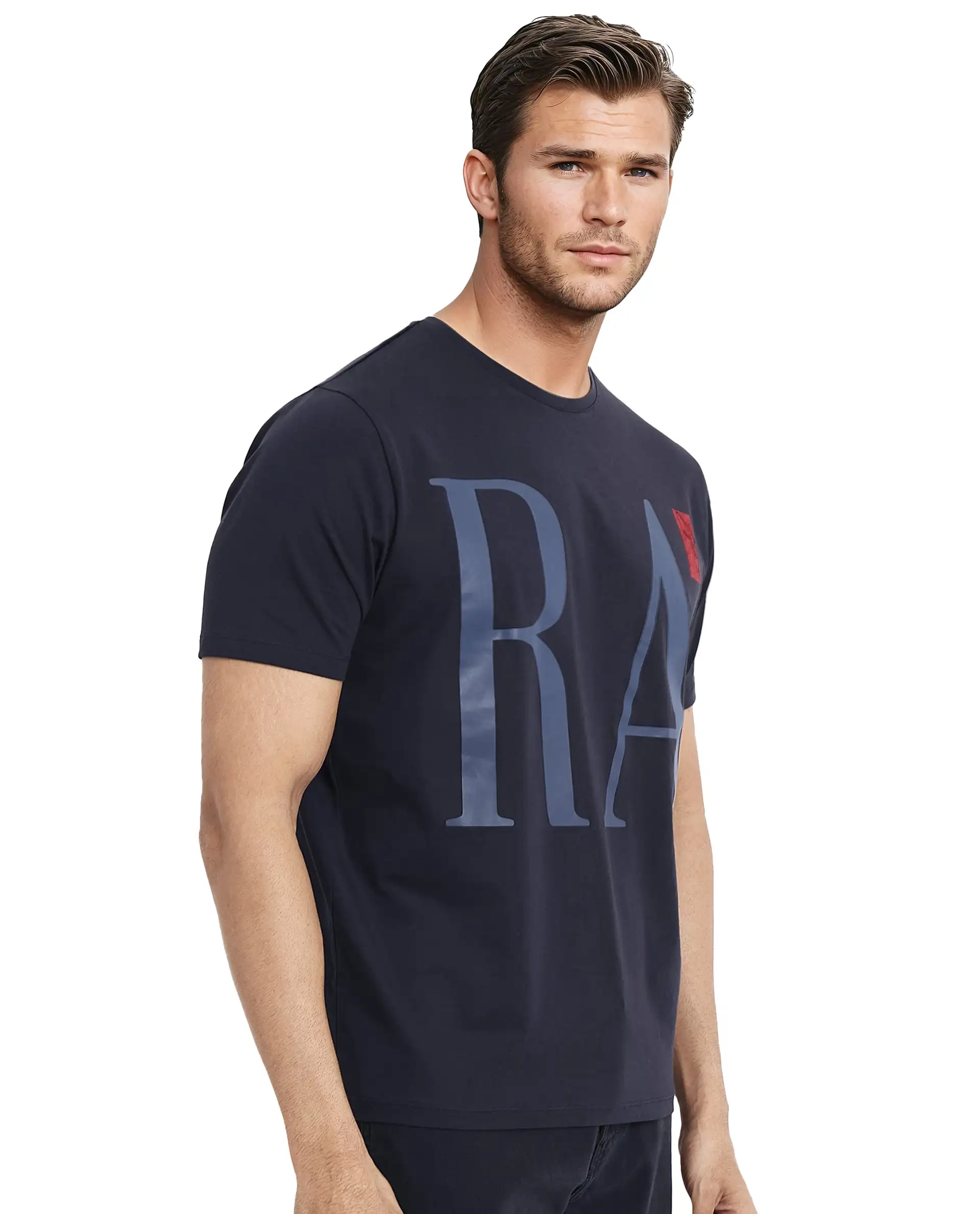 Rare Rabbit Men's Olivo Navy Cotton Graphic Print Regular Fit Half Sleeve Crew Neck T-Shirt - Image 6