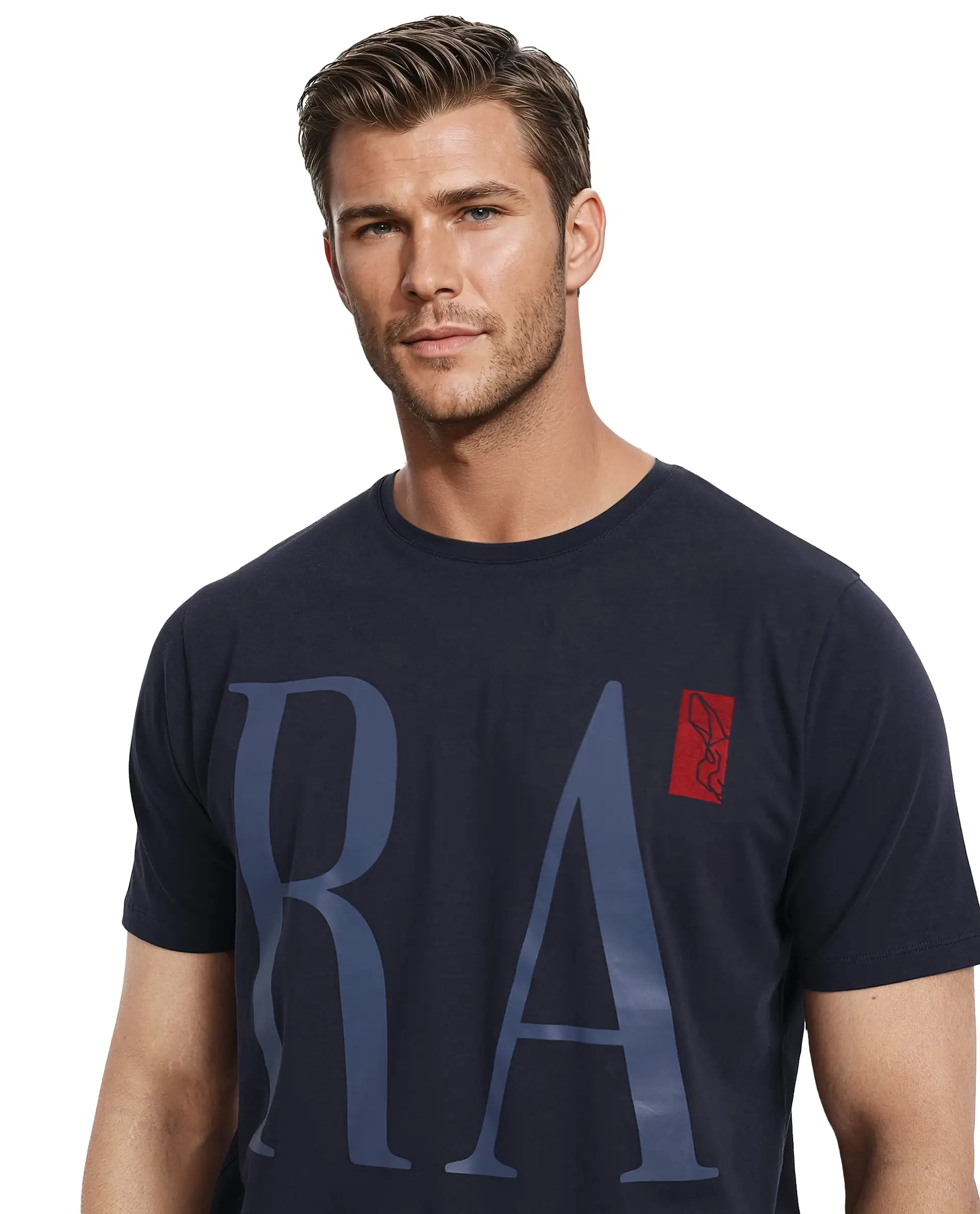 Rare Rabbit Men's Olivo Navy Cotton Graphic Print Regular Fit Half Sleeve Crew Neck T-Shirt - Image 7