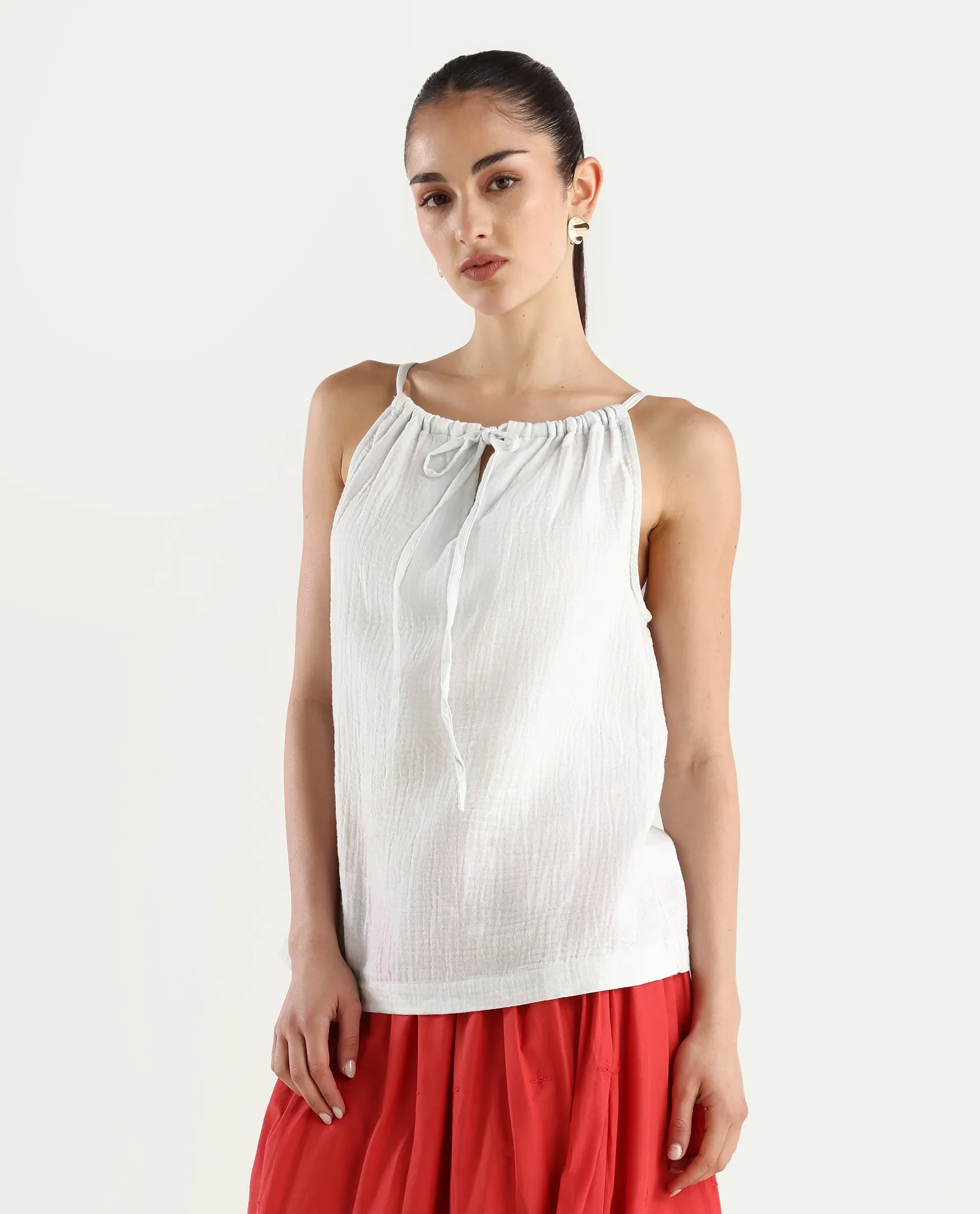Rareism Women's Oliya Off White Cotton Blend Halter Neck Tropical Print Sleeveless Regular Fit Top - Image 4