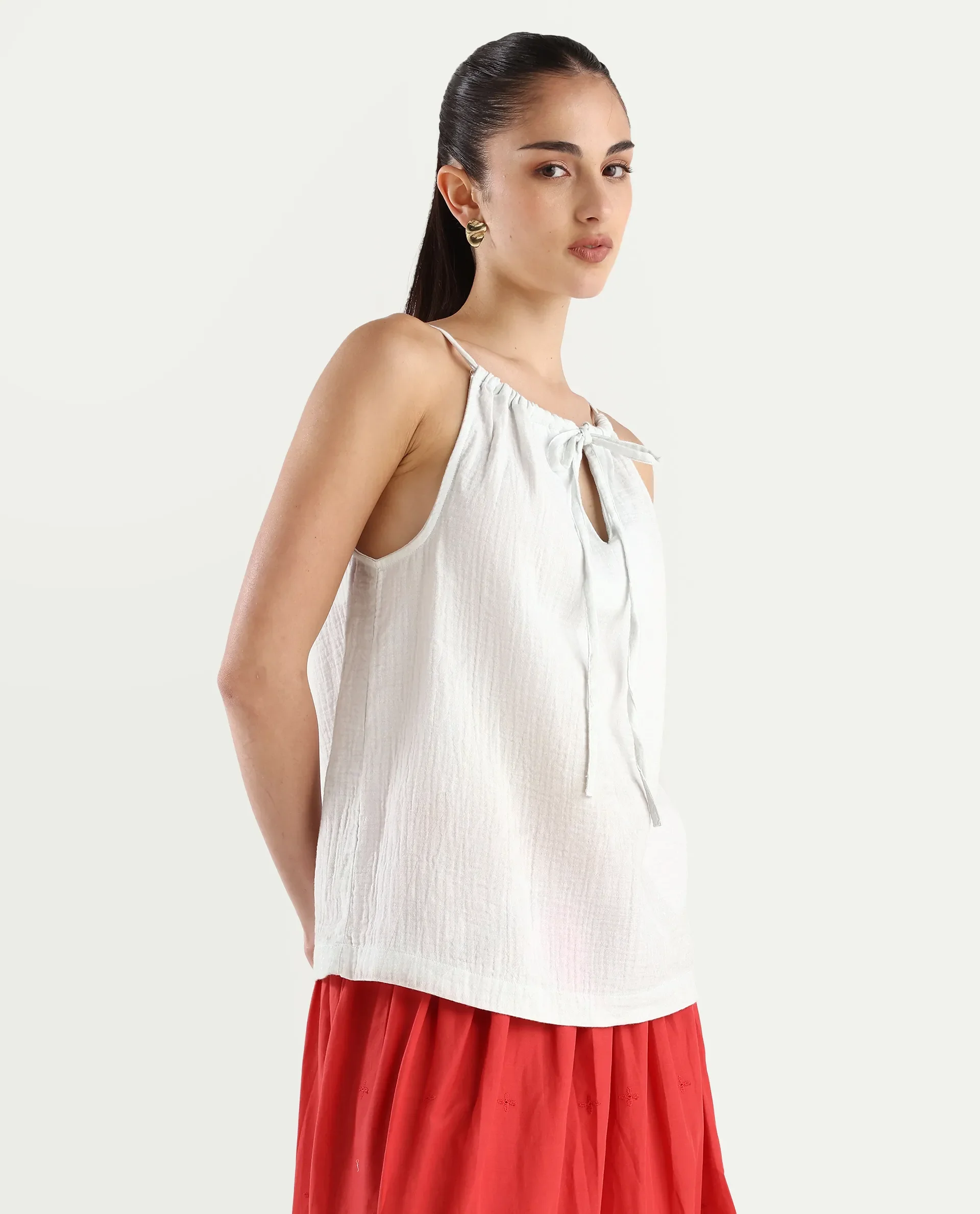 Rareism Women's Oliya Off White Cotton Blend Halter Neck Tropical Print Sleeveless Regular Fit Top - Image 5