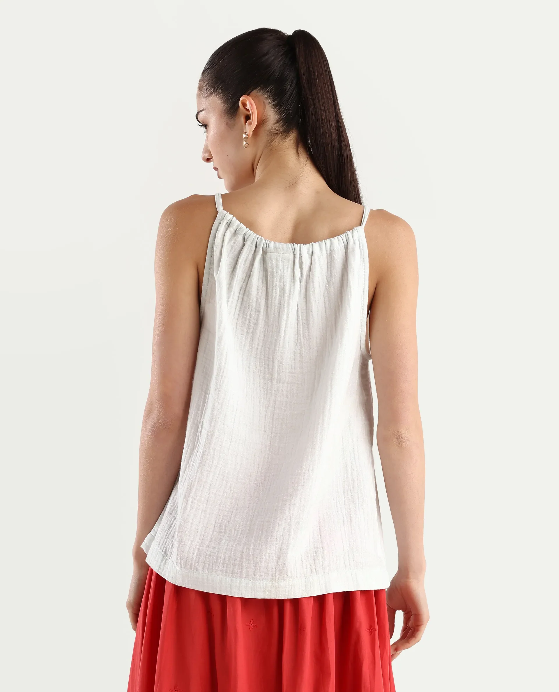 Rareism Women's Oliya Off White Cotton Blend Halter Neck Tropical Print Sleeveless Regular Fit Top - Image 6