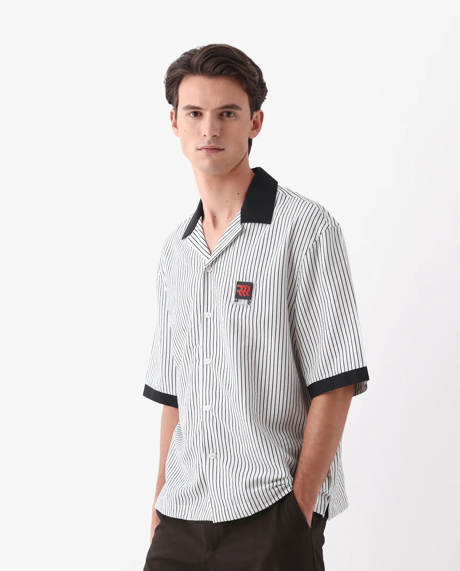 Rare Rabbit Men's Ollie White Viscose Blend Striped Print Boxy Fit Half Sleeve Cuban Collar Shirt - Image 3