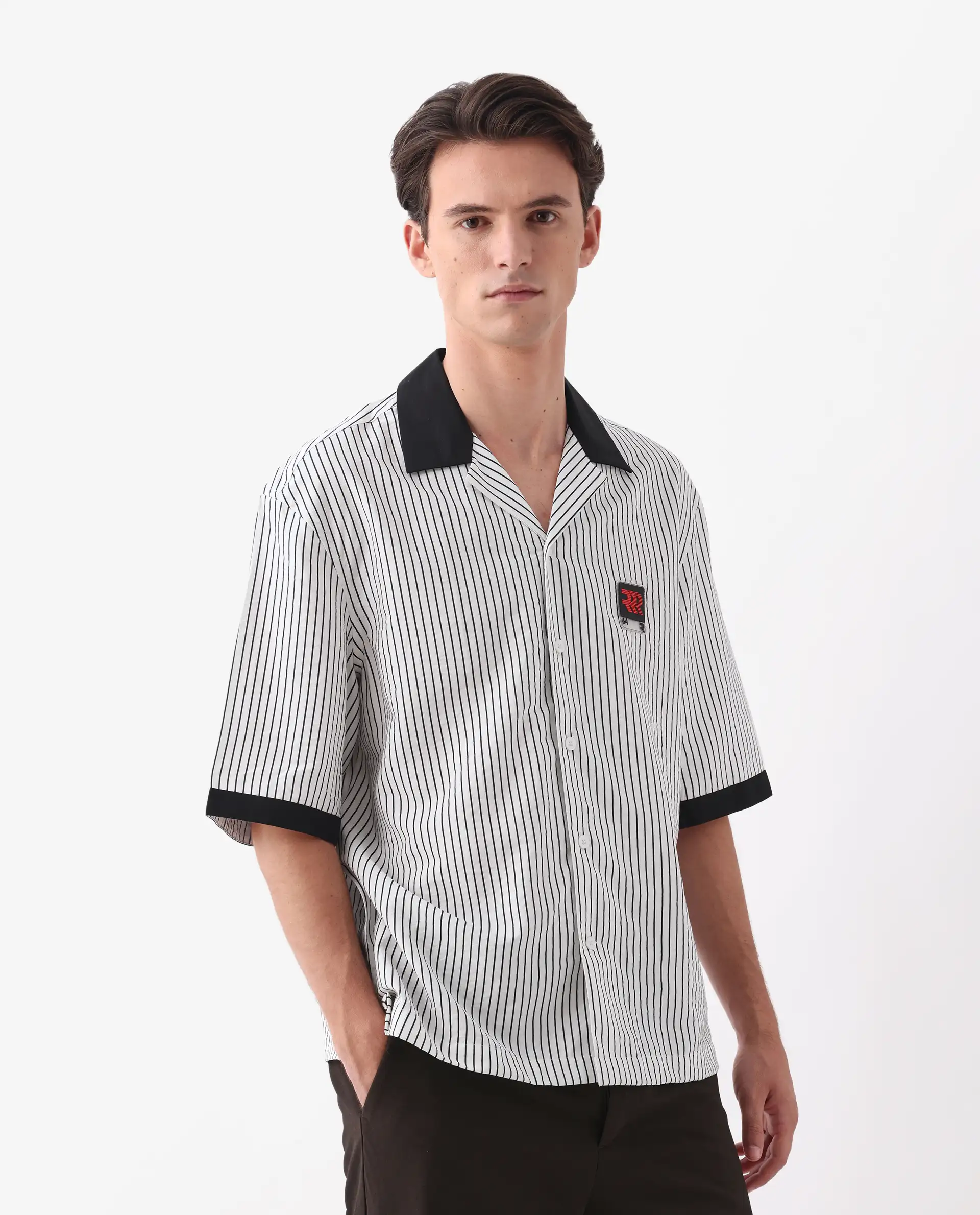 Rare Rabbit Men's Ollie White Viscose Blend Striped Print Boxy Fit Half Sleeve Cuban Collar Shirt - Image 4