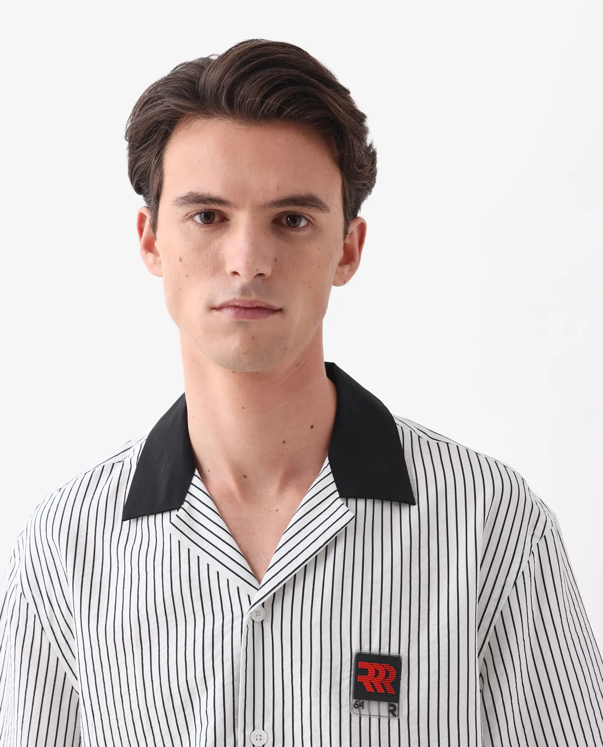 Rare Rabbit Men's Ollie White Viscose Blend Striped Print Boxy Fit Half Sleeve Cuban Collar Shirt - Image 5