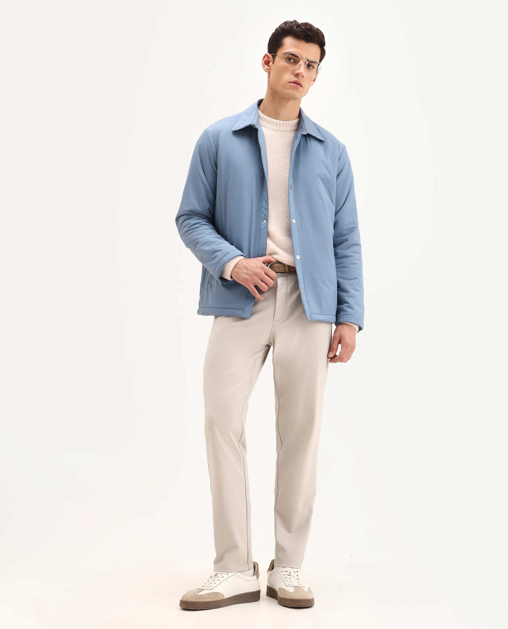 Rare Rabbit Men's Olva Dusky Blue Polyester Fabric Collared Neck Regular Plain Jacket - Image 2
