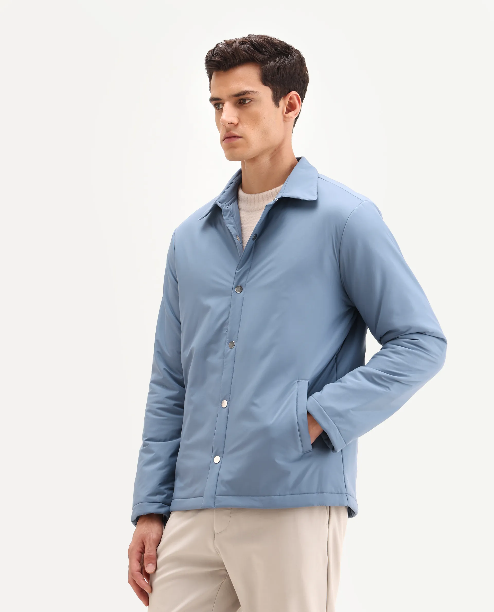 Rare Rabbit Men's Olva Dusky Blue Polyester Fabric Collared Neck Regular Plain Jacket - Image 4