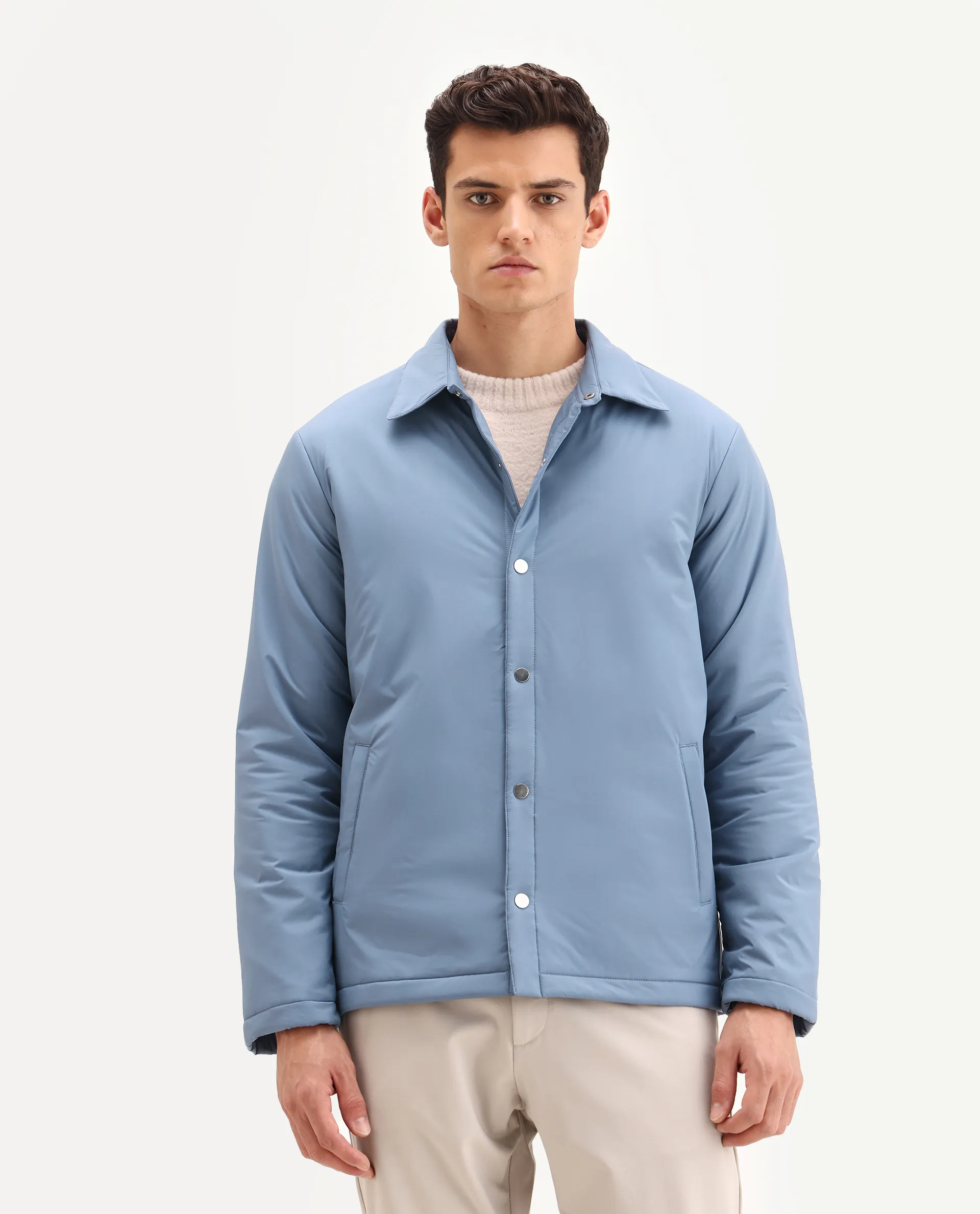 Rare Rabbit Men's Olva Dusky Blue Polyester Fabric Collared Neck Regular Plain Jacket - Image 5