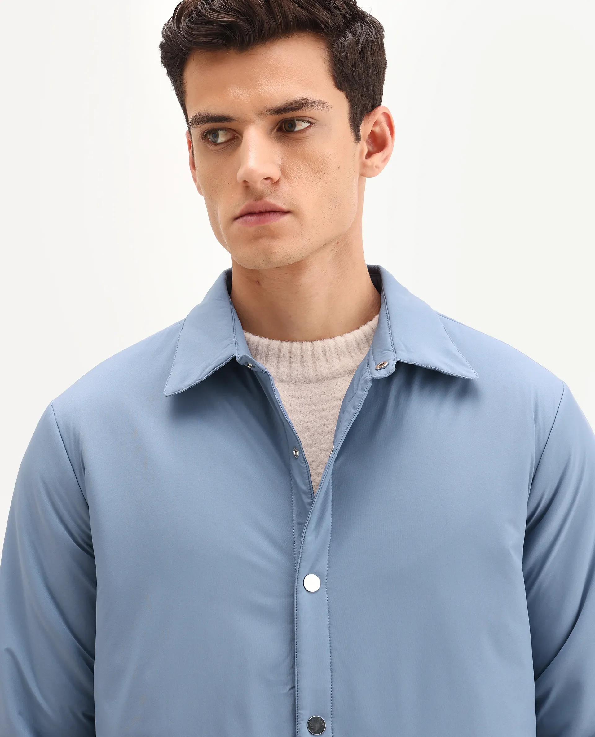 Rare Rabbit Men's Olva Dusky Blue Polyester Fabric Collared Neck Regular Plain Jacket - Image 7