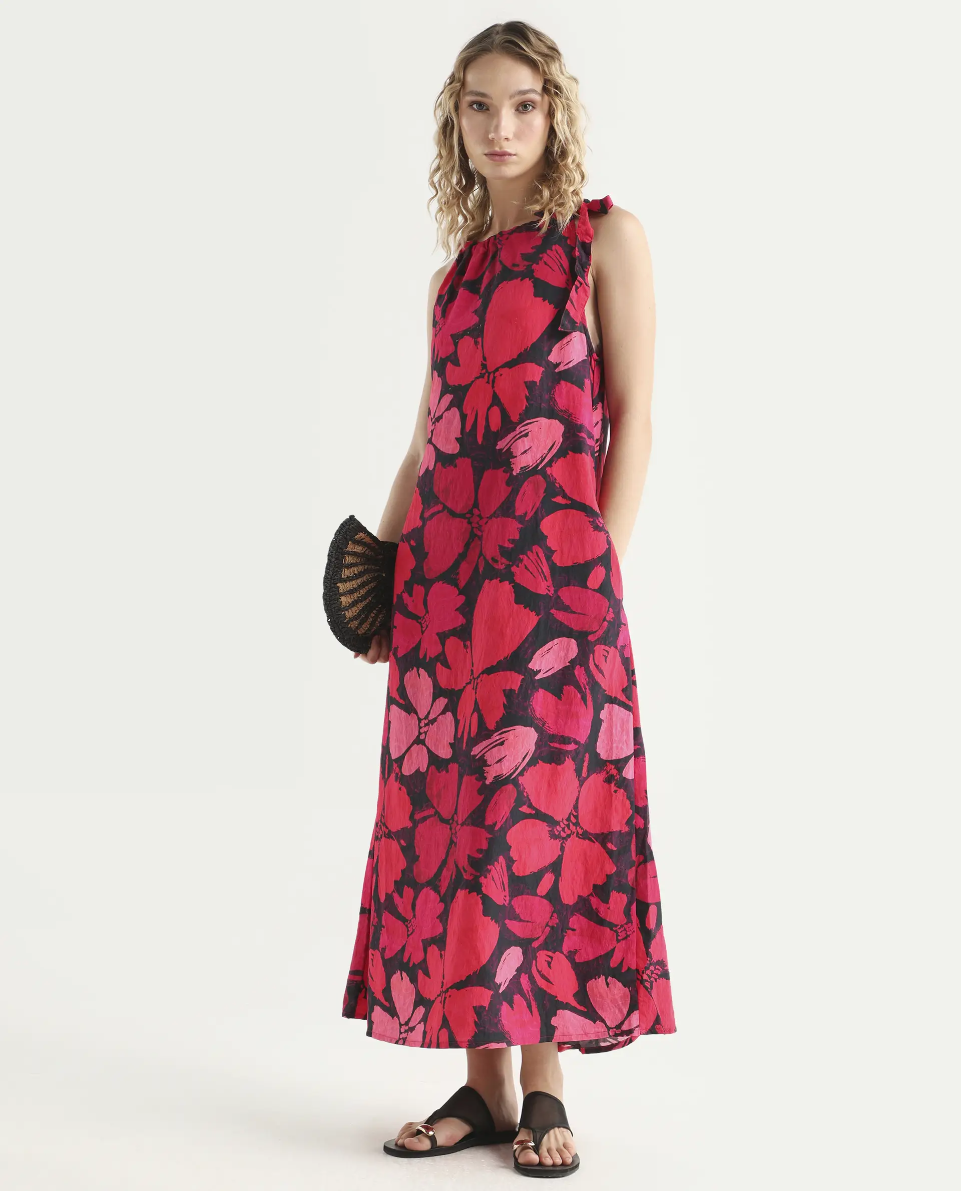 Rareism Women's Olya Multi Rayon Halter Neck Floral Print Sleeveless Maxi A-Line Dress
