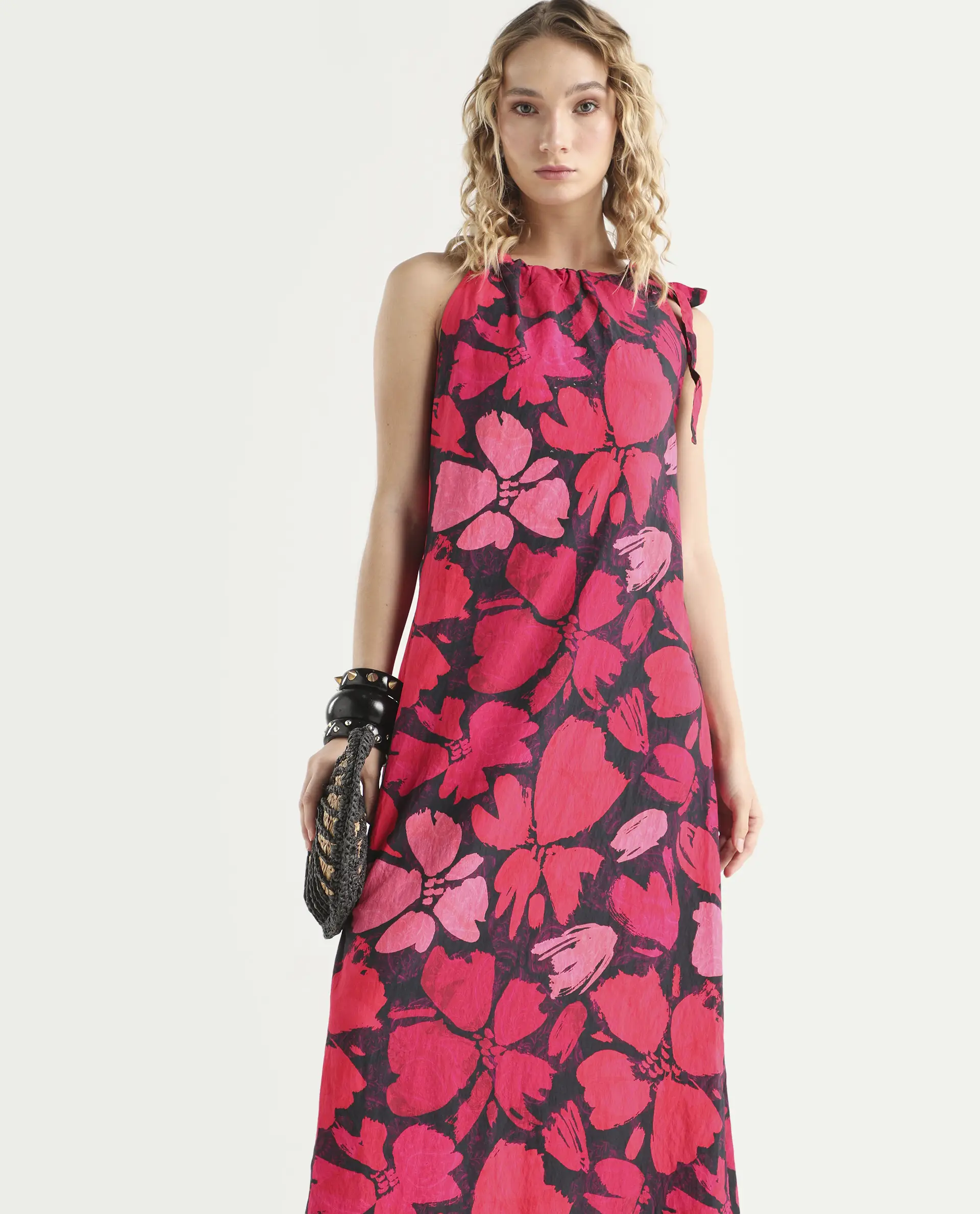 Rareism Women's Olya Multi Rayon Halter Neck Floral Print Sleeveless Maxi A-Line Dress - Image 2