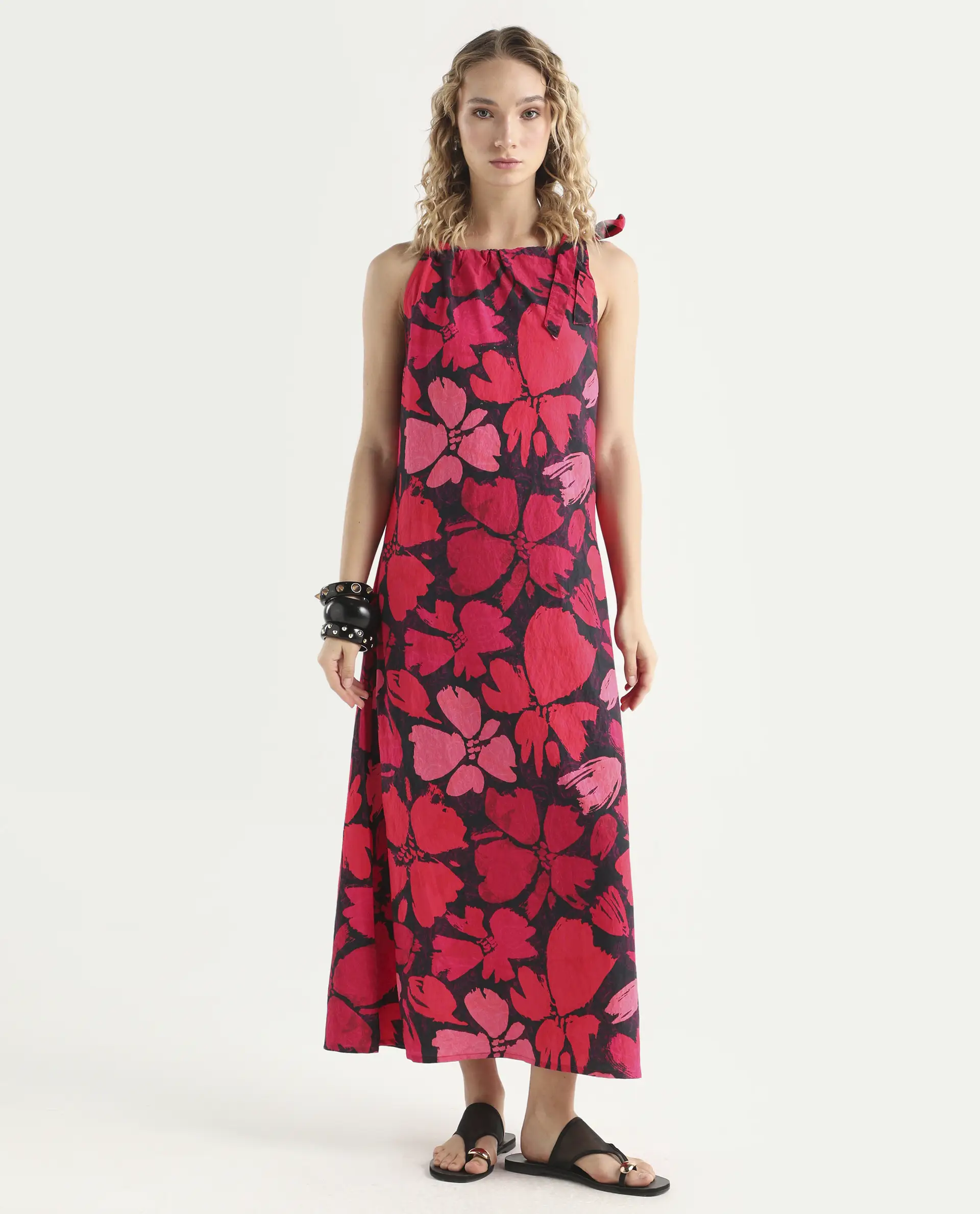 Rareism Women's Olya Multi Rayon Halter Neck Floral Print Sleeveless Maxi A-Line Dress - Image 3