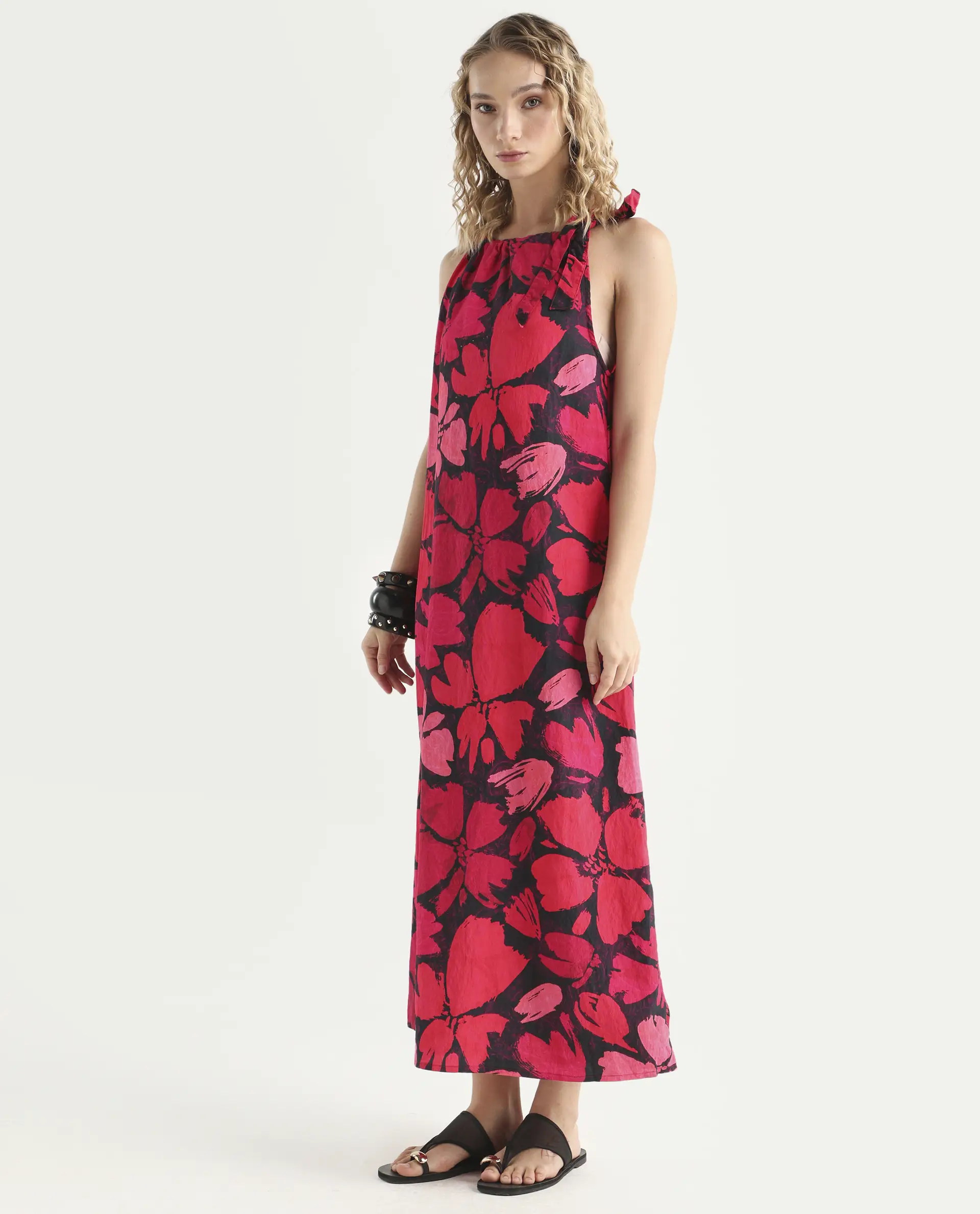 Rareism Women's Olya Multi Rayon Halter Neck Floral Print Sleeveless Maxi A-Line Dress - Image 5