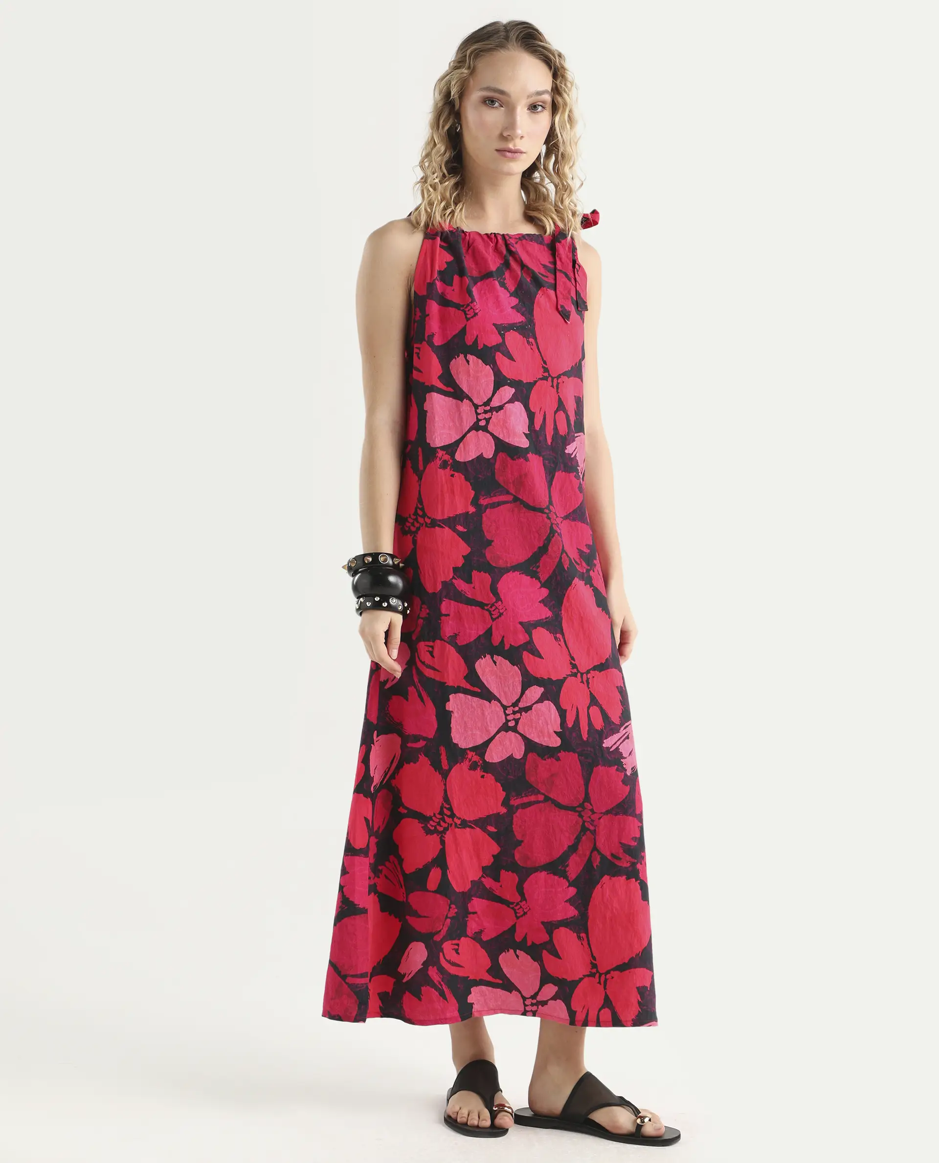 Rareism Women's Olya Multi Rayon Halter Neck Floral Print Sleeveless Maxi A-Line Dress - Image 6