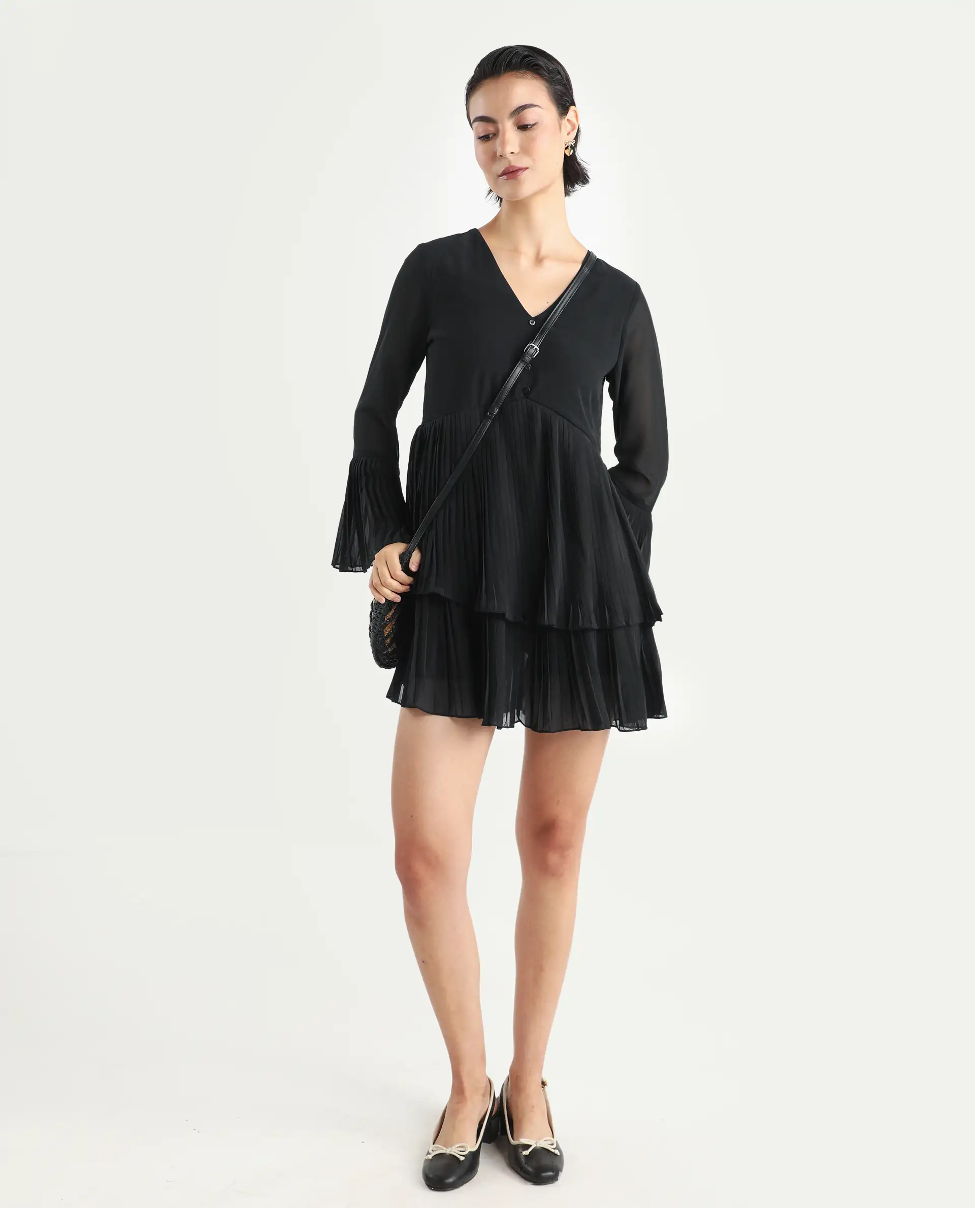 Rareism Women's Olympia Black Polyester Drop Collar Plain Bell Sleeve Mini Fit And Flare Dress - Image 2