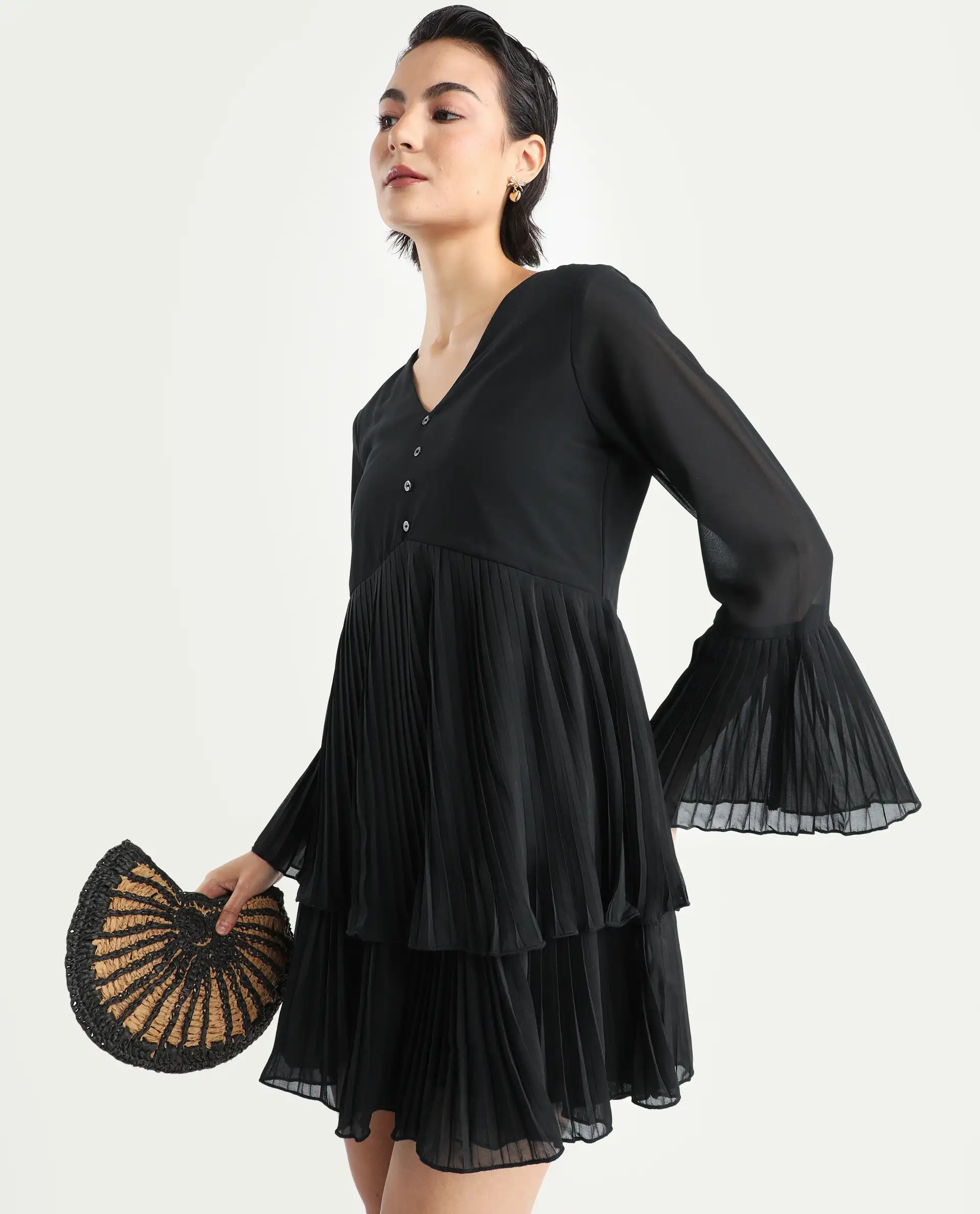 Rareism Women's Olympia Black Polyester Drop Collar Plain Bell Sleeve Mini Fit And Flare Dress - Image 3