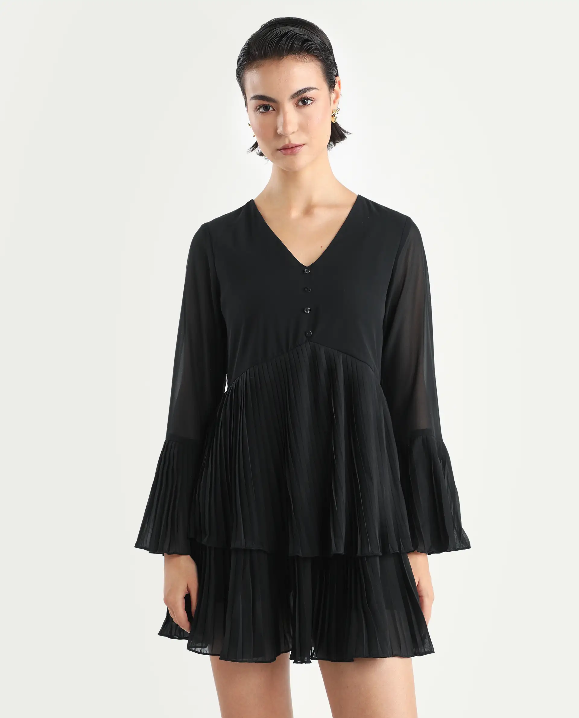 Rareism Women's Olympia Black Polyester Drop Collar Plain Bell Sleeve Mini Fit And Flare Dress - Image 4