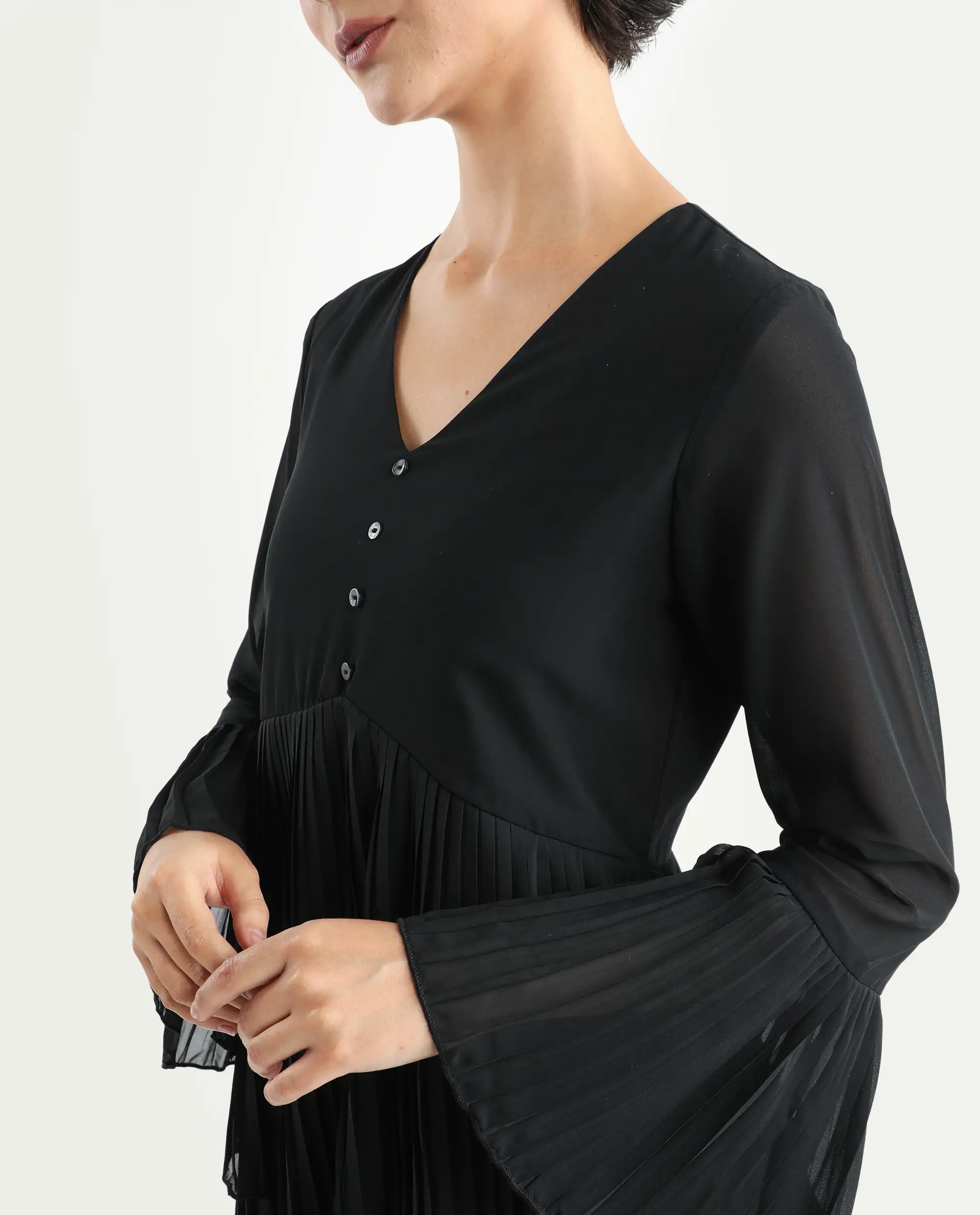 Rareism Women's Olympia Black Polyester Drop Collar Plain Bell Sleeve Mini Fit And Flare Dress - Image 5