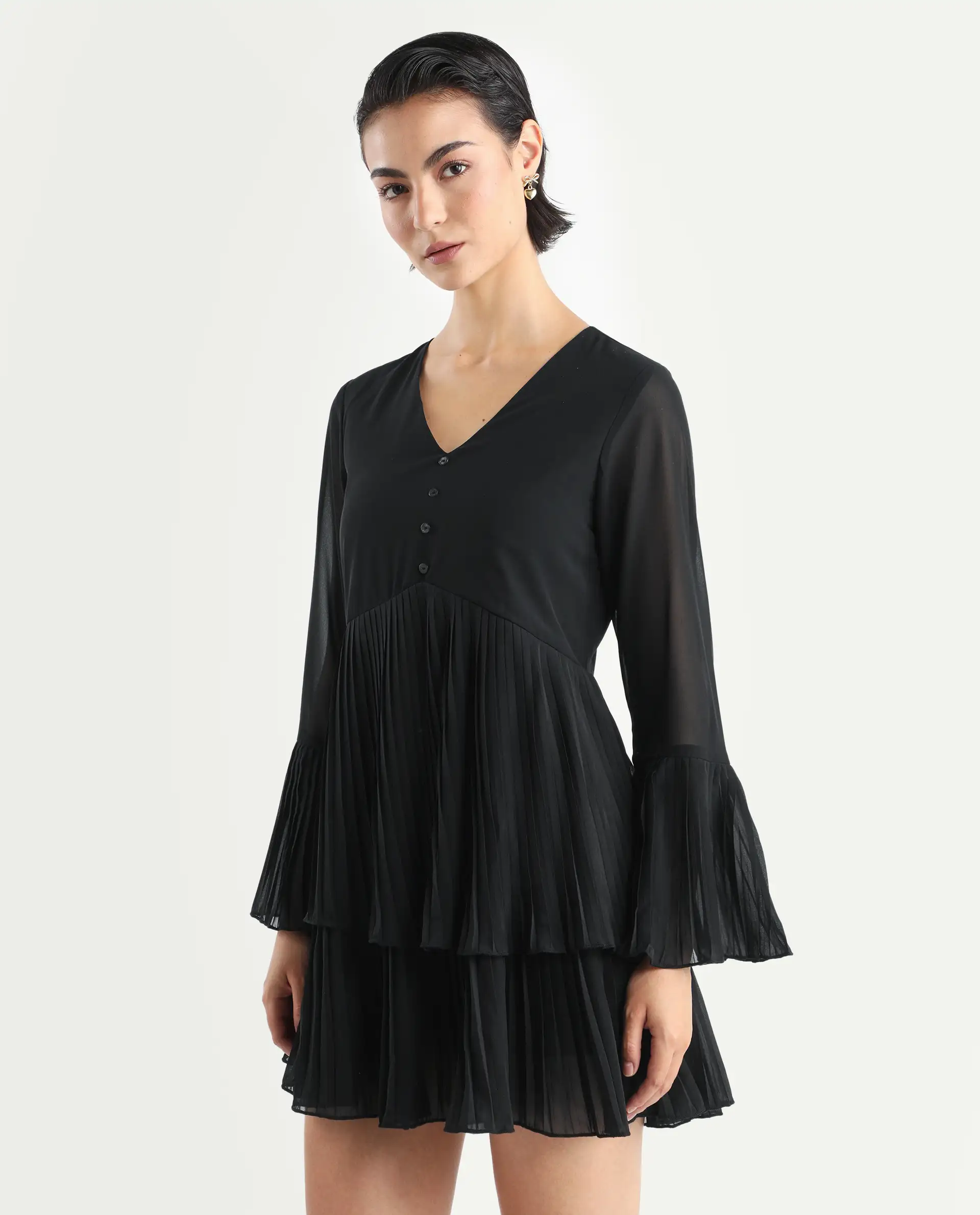Rareism Women's Olympia Black Polyester Drop Collar Plain Bell Sleeve Mini Fit And Flare Dress - Image 6