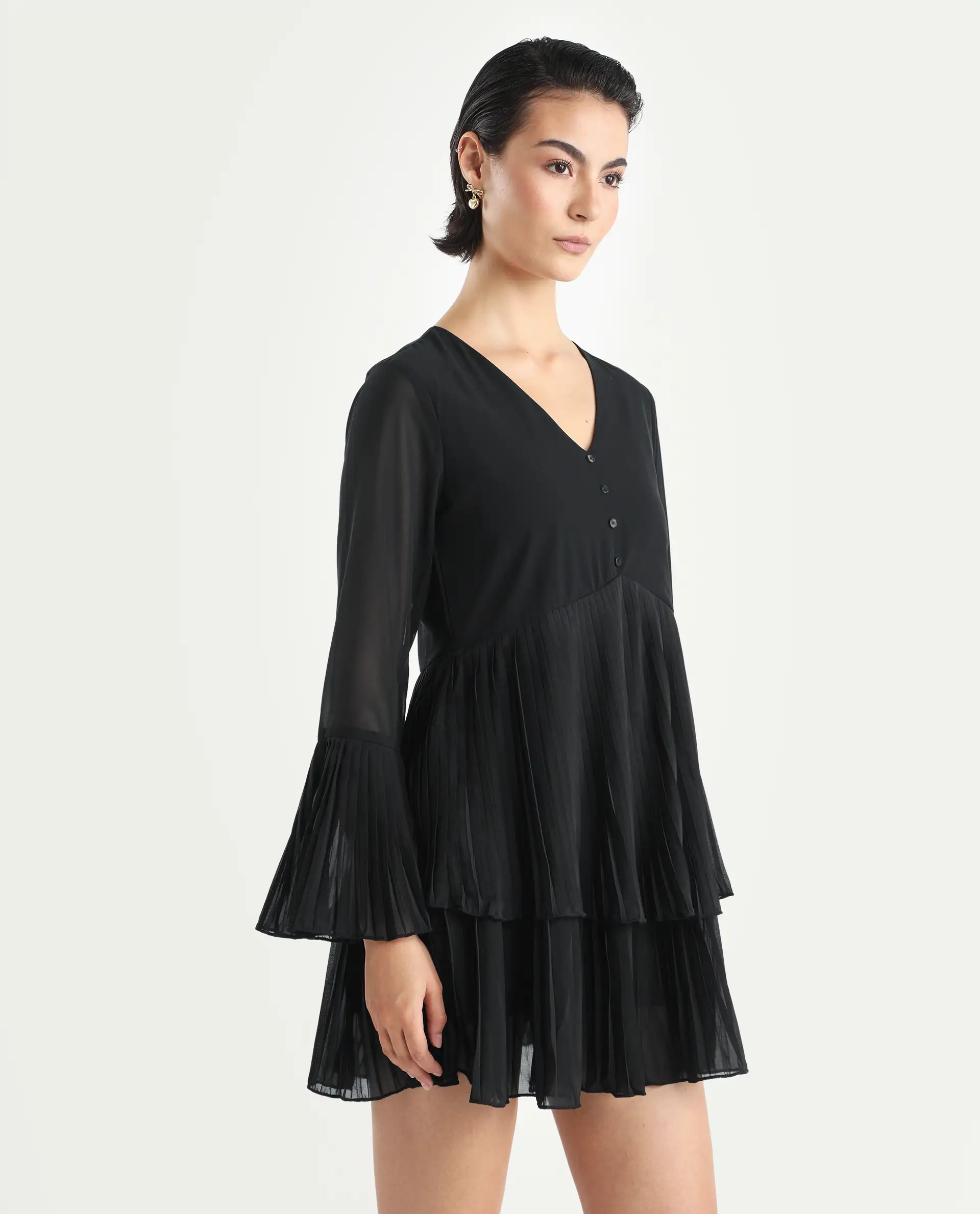 Rareism Women's Olympia Black Polyester Drop Collar Plain Bell Sleeve Mini Fit And Flare Dress - Image 7