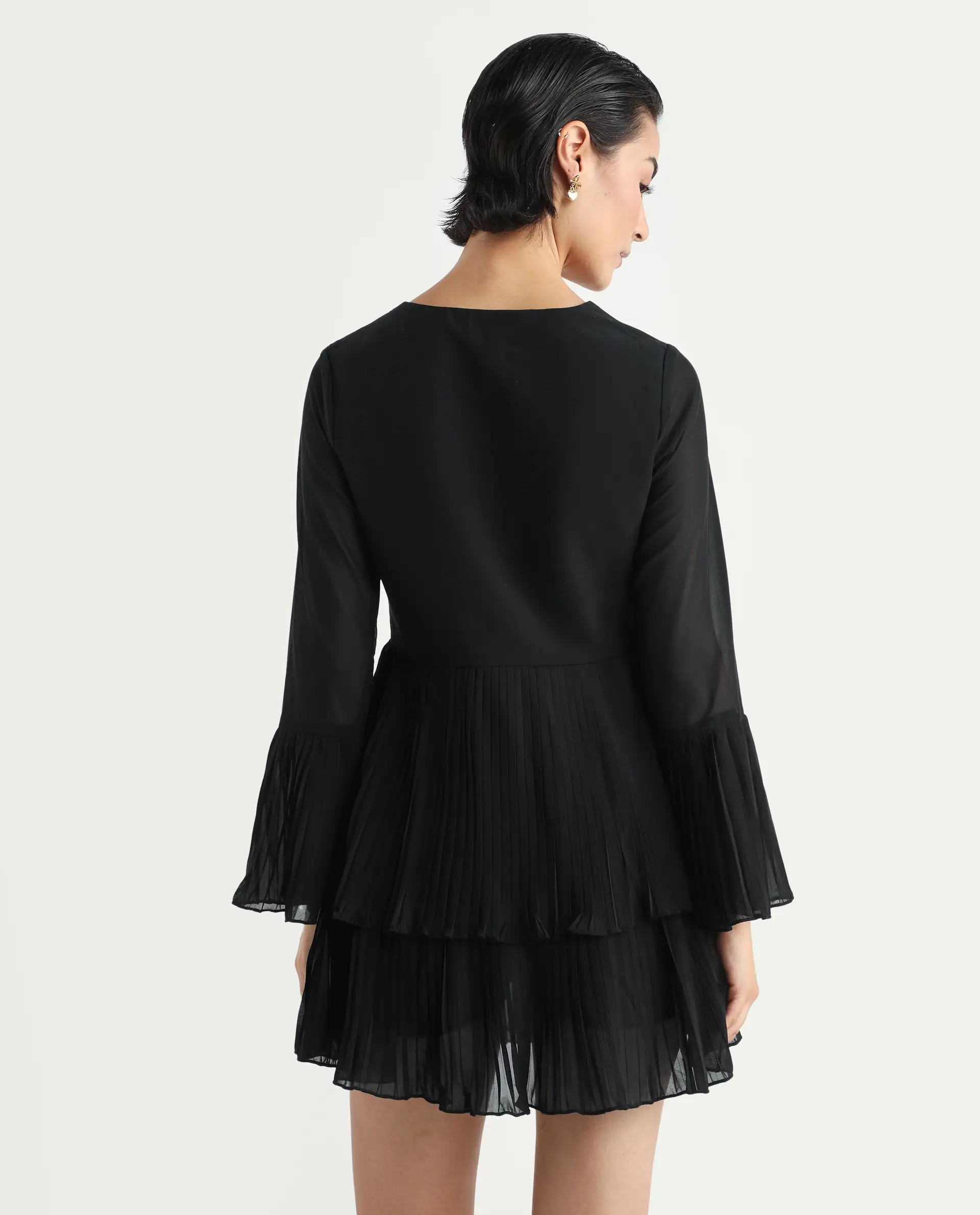 Rareism Women's Olympia Black Polyester Drop Collar Plain Bell Sleeve Mini Fit And Flare Dress - Image 8