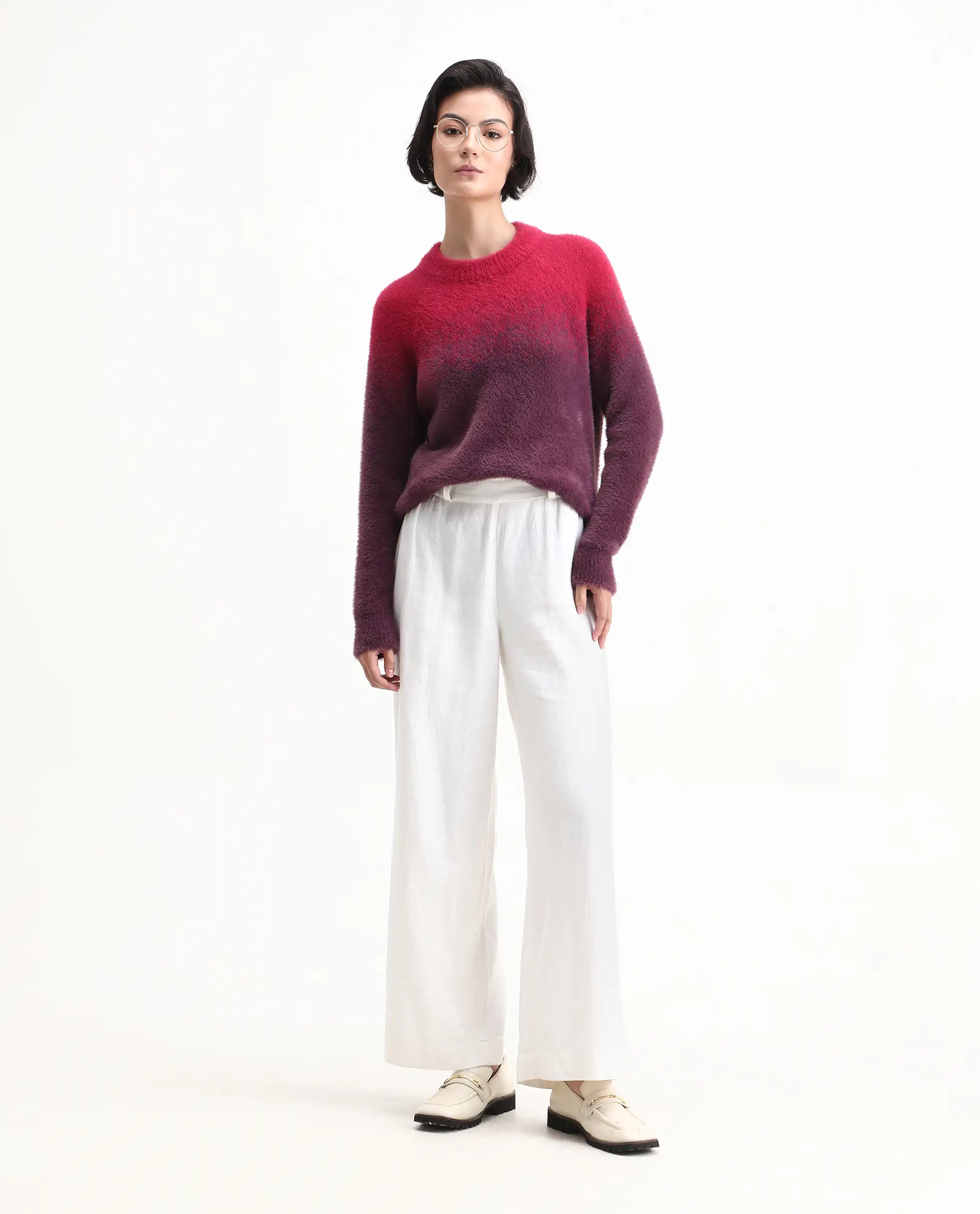 Rareism Women's Omber Dark Red Nylon Crew Neck Ombre Raglan Sleeve Relaxed Fit Sweater