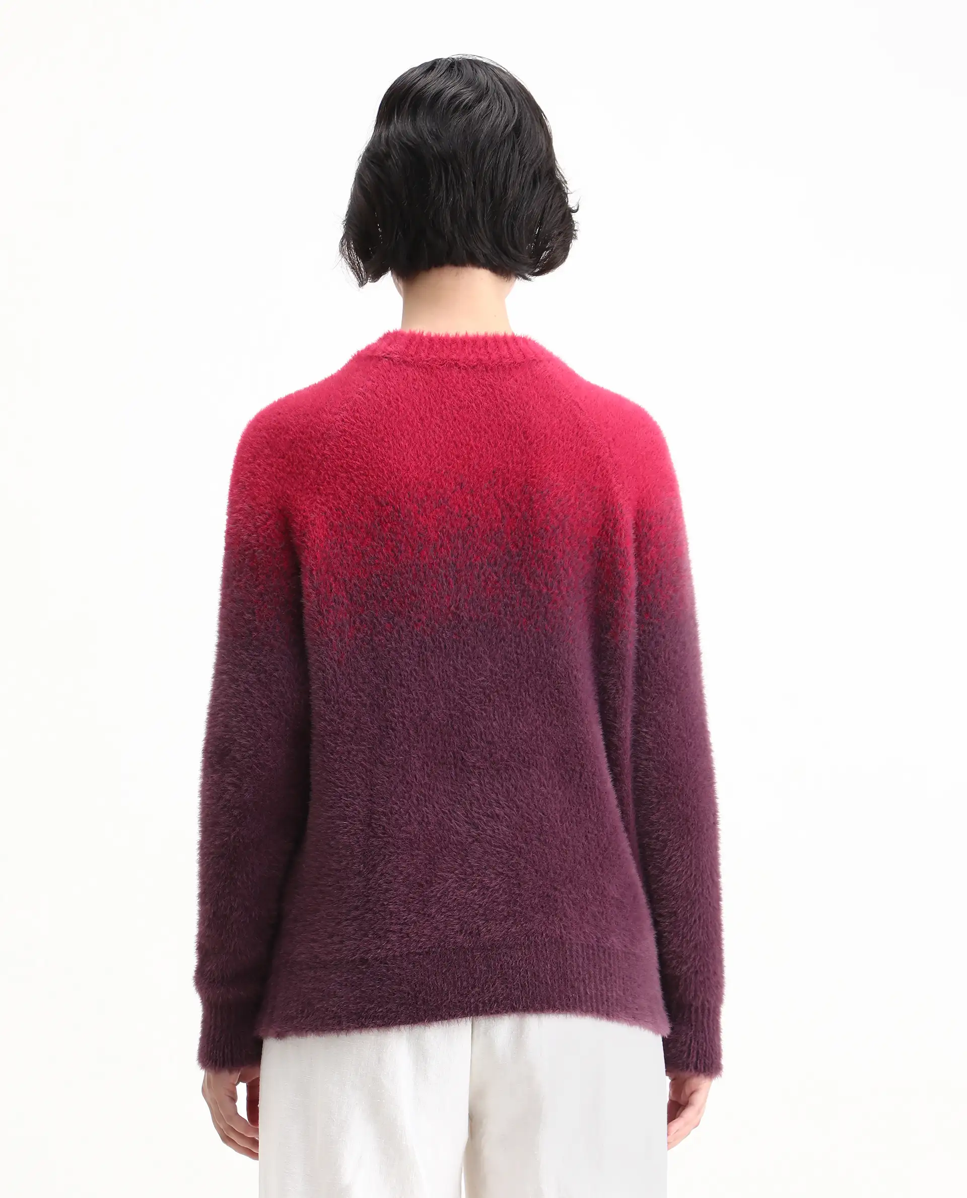 Rareism Women's Omber Dark Red Nylon Crew Neck Ombre Raglan Sleeve Relaxed Fit Sweater - Image 10