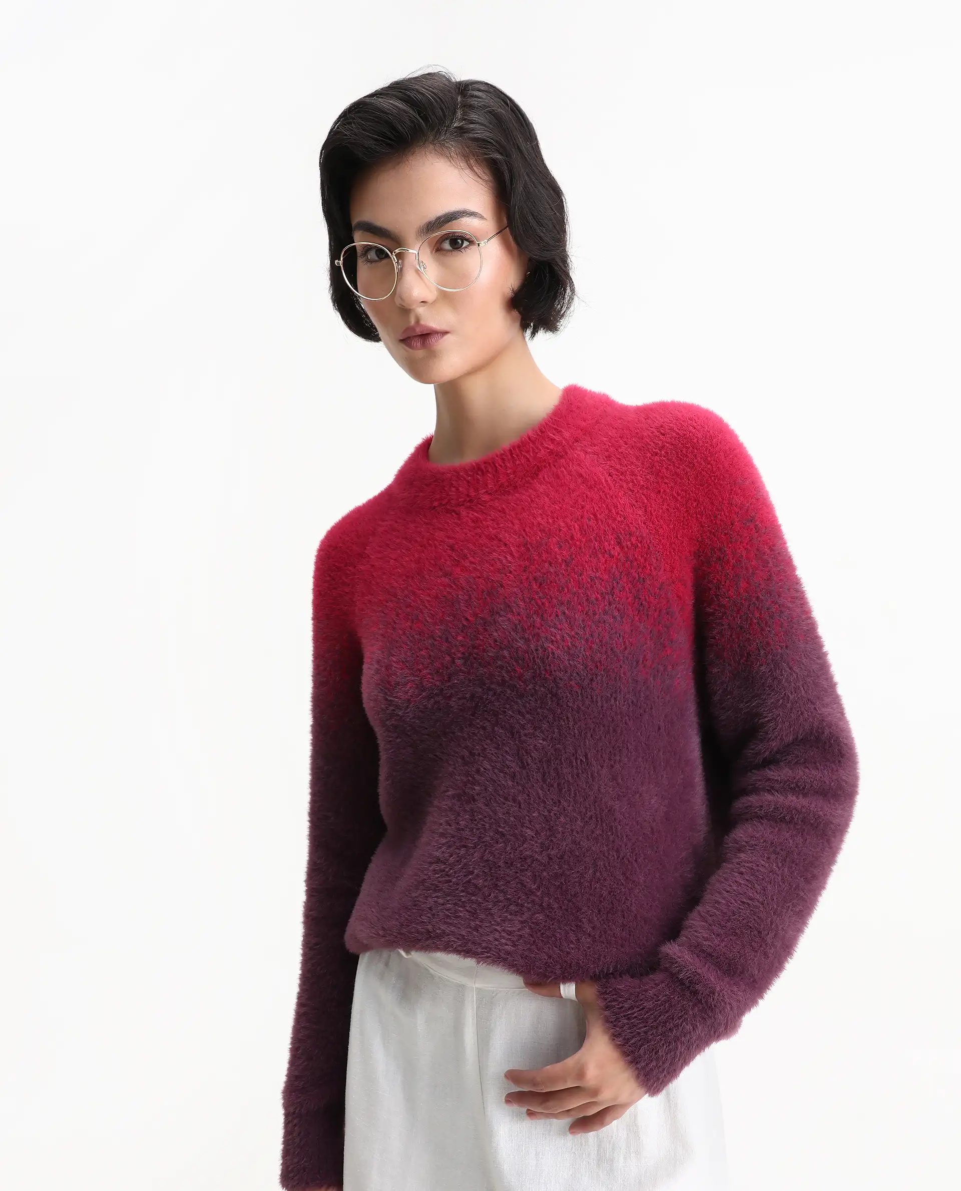 Rareism Women's Omber Dark Red Nylon Crew Neck Ombre Raglan Sleeve Relaxed Fit Sweater - Image 2