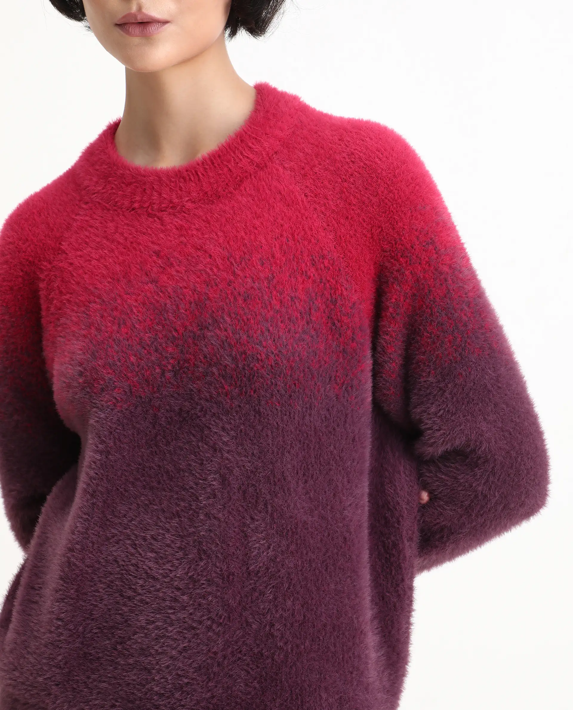 Rareism Women's Omber Dark Red Nylon Crew Neck Ombre Raglan Sleeve Relaxed Fit Sweater - Image 6
