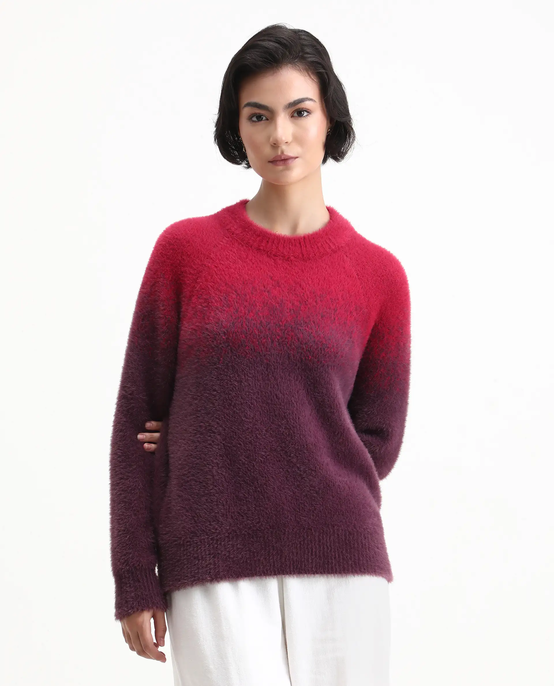 Rareism Women's Omber Dark Red Nylon Crew Neck Ombre Raglan Sleeve Relaxed Fit Sweater - Image 7