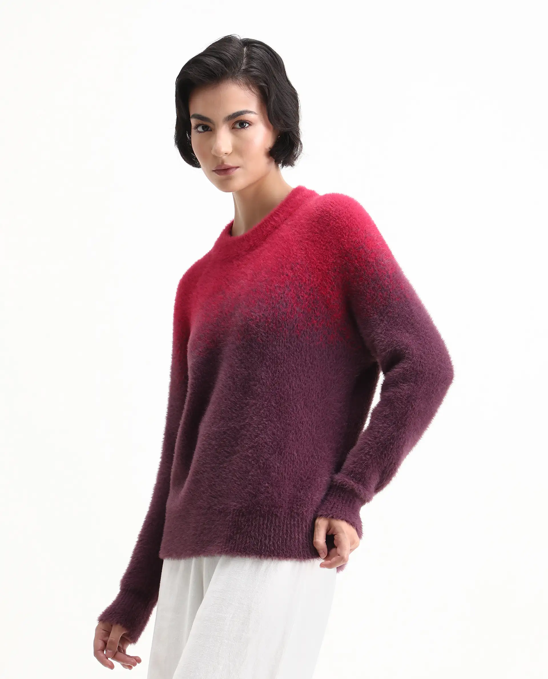 Rareism Women's Omber Dark Red Nylon Crew Neck Ombre Raglan Sleeve Relaxed Fit Sweater - Image 8