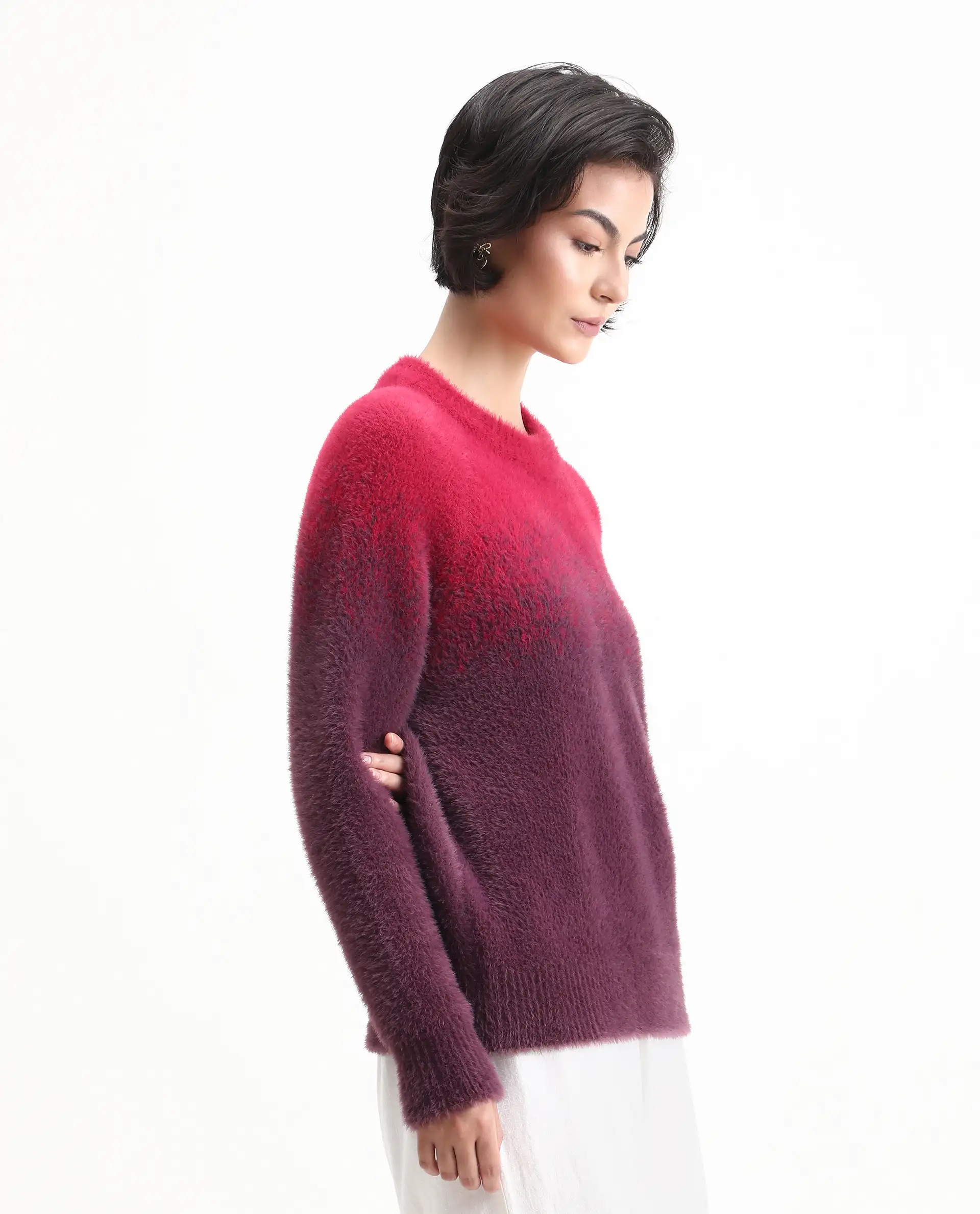 Rareism Women's Omber Dark Red Nylon Crew Neck Ombre Raglan Sleeve Relaxed Fit Sweater - Image 9