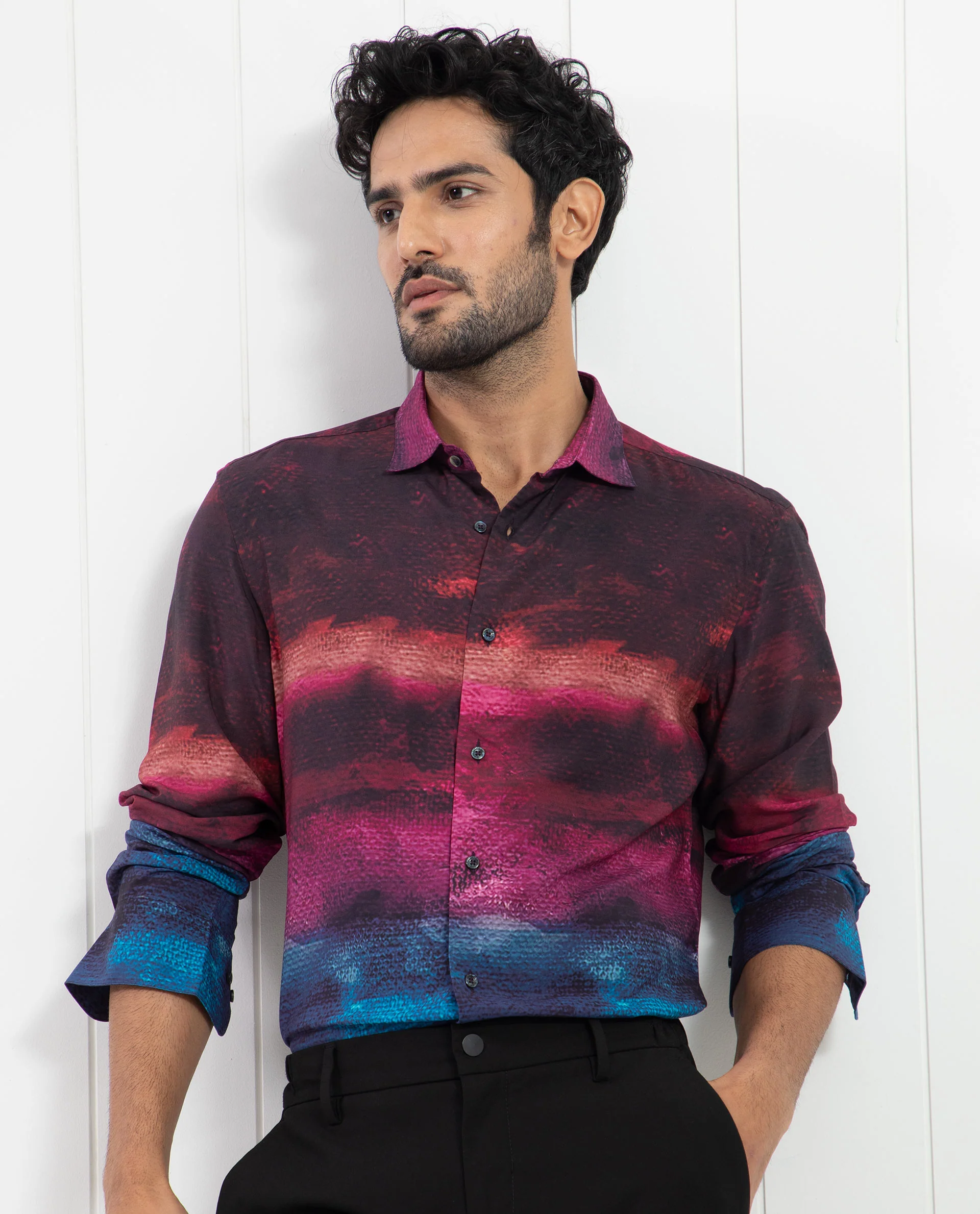 Rare Rabbit Men's Ombren Ls Black Viscose Ombre Regular Fit Full Sleeve Collared Shirt - Image 6