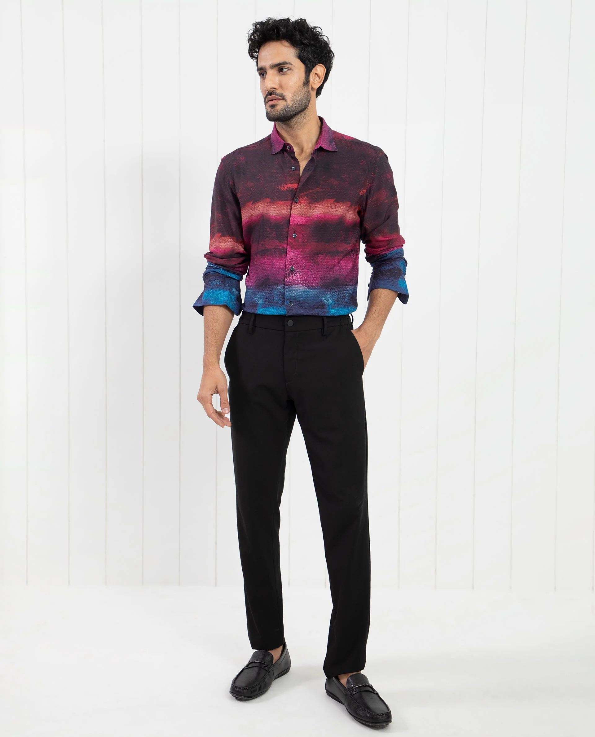 Rare Rabbit Men's Ombren Ls Black Viscose Ombre Regular Fit Full Sleeve Collared Shirt - Image 8