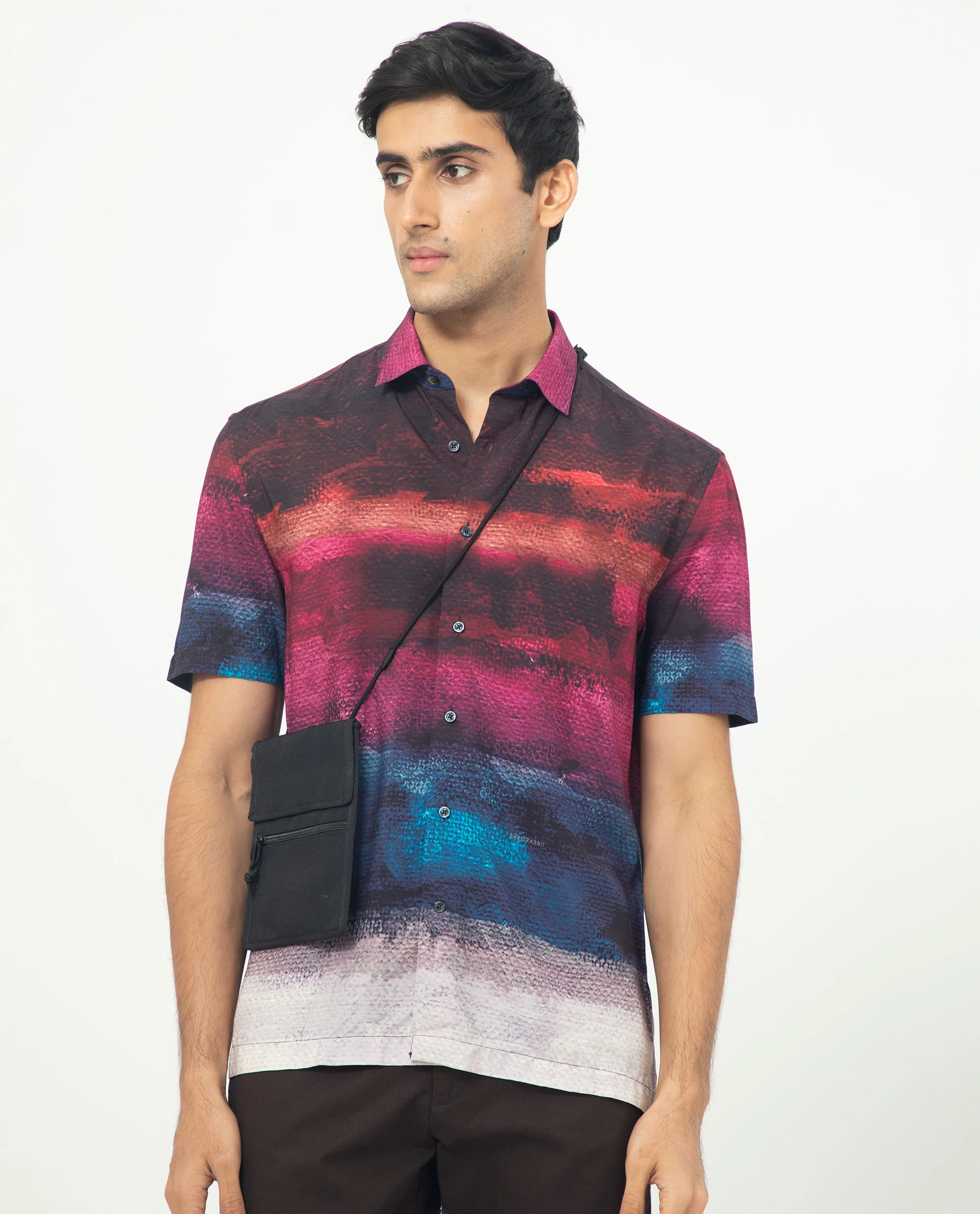 Rare Rabbit Men's Ombren Ss Black Viscose Ombre Regular Fit Half Sleeve Collared Shirt