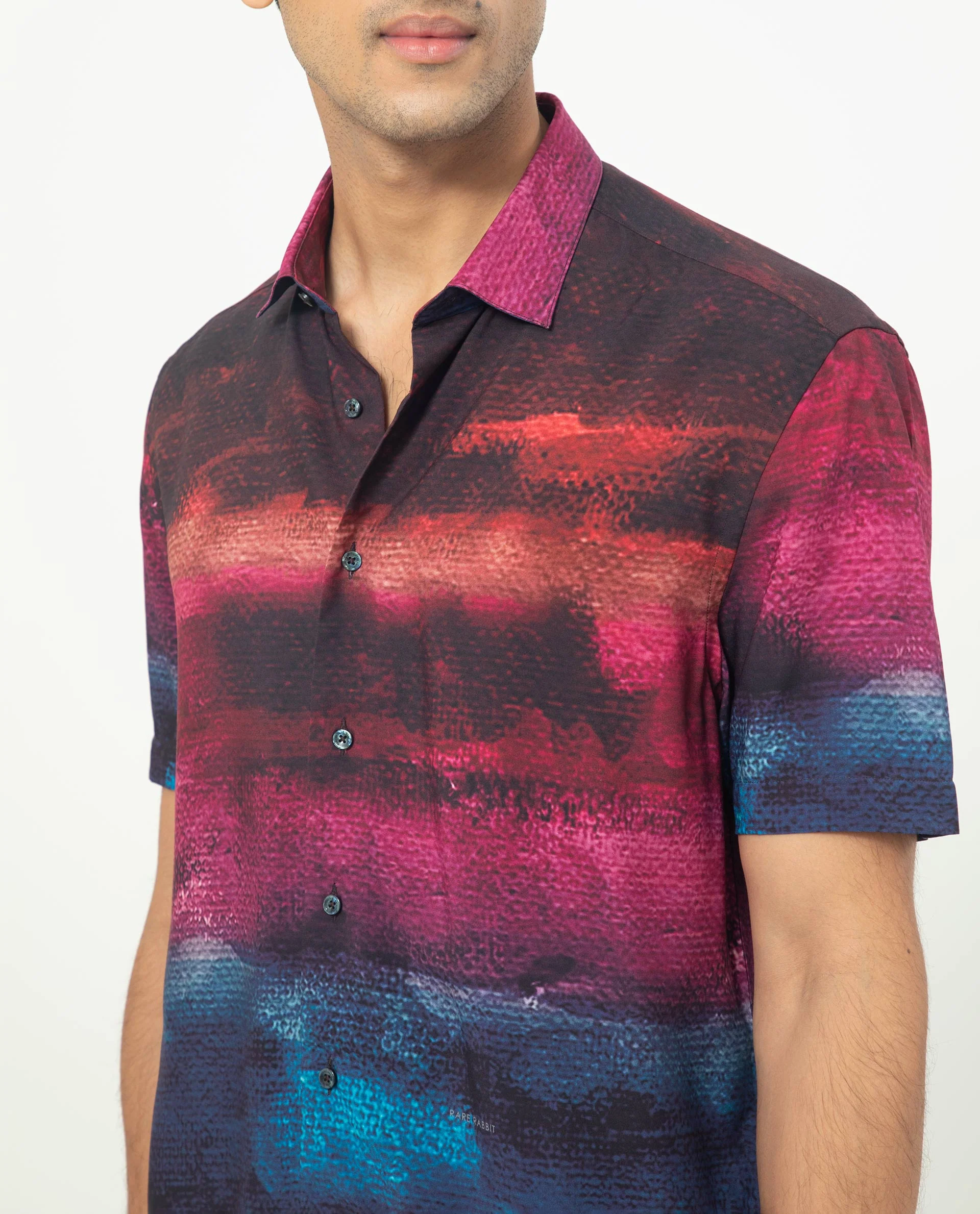 Rare Rabbit Men's Ombren Ss Black Viscose Ombre Regular Fit Half Sleeve Collared Shirt - Image 2