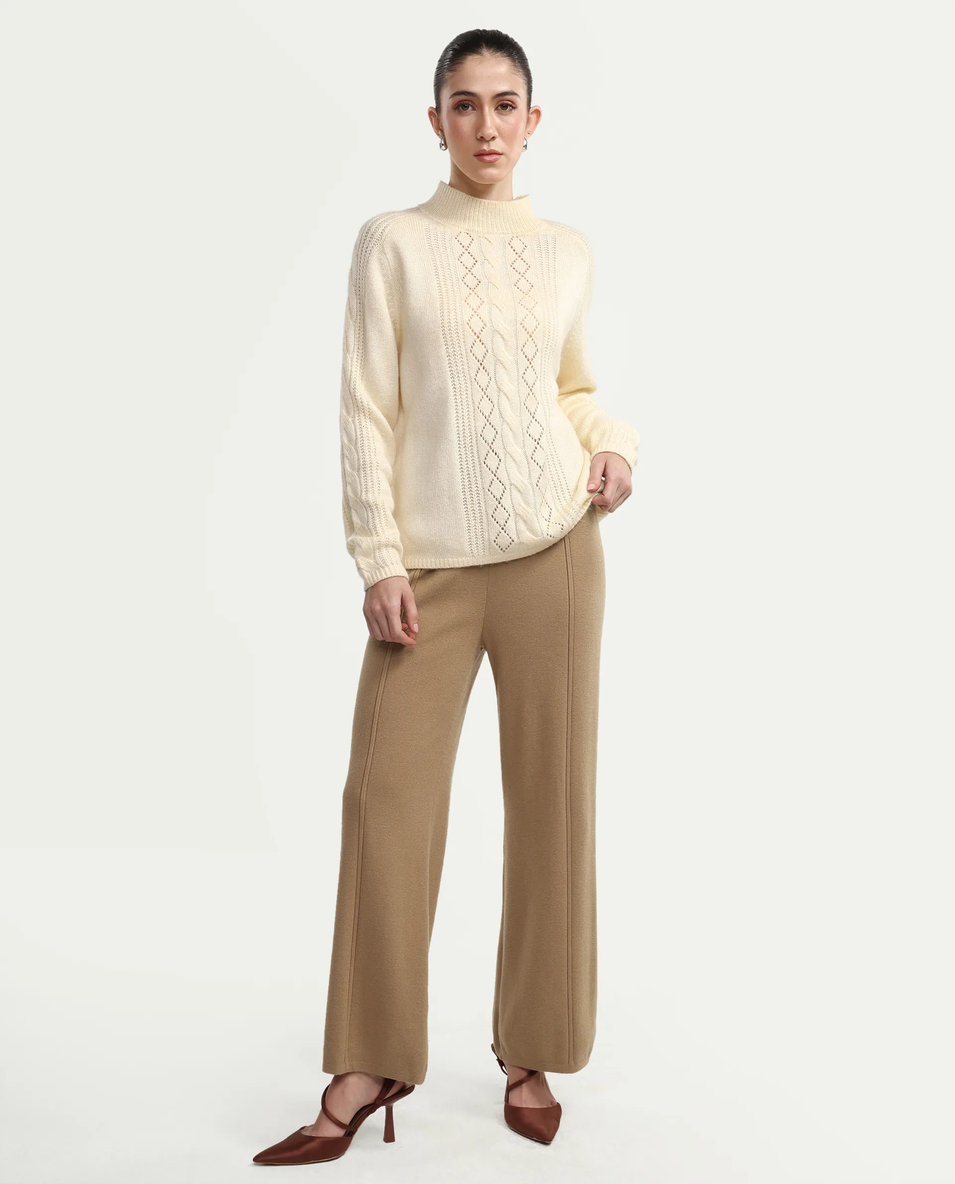 Rareism Women's Omerli B Beige Viscose Plain Ankle Length Straight Fit Trouser - Image 3