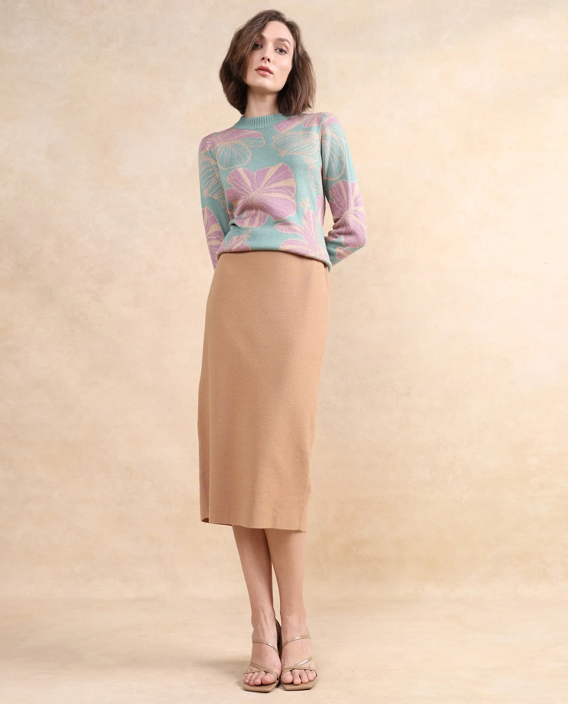 Rareism Women's Omerli S Beige Viscose Plain Midi Relaxed Fit Skirt