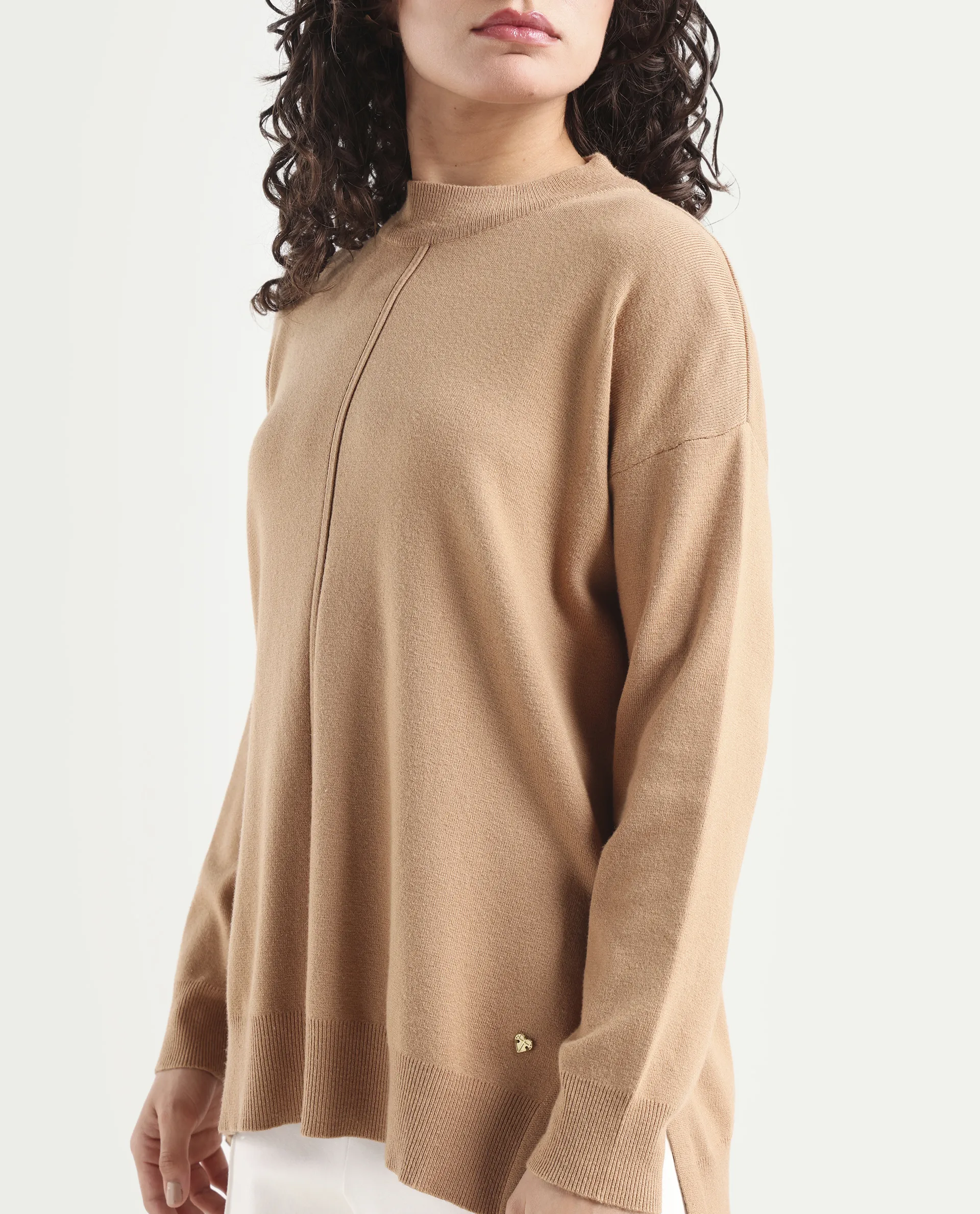 Rareism Women's Omerli T Light Beige Viscose High Neck Plain Oversized Sweater