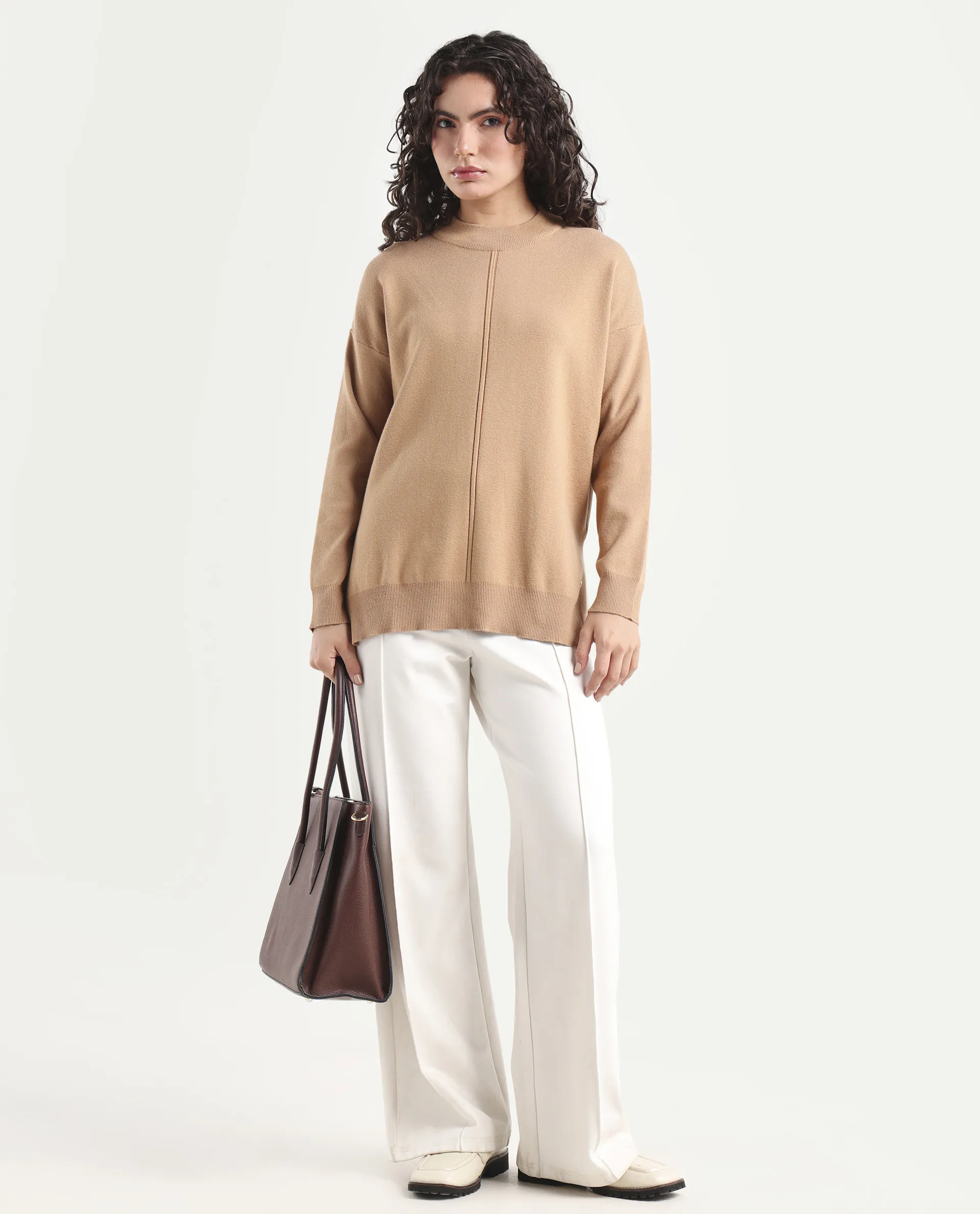 Rareism Women's Omerli T Light Beige Viscose High Neck Plain Oversized Sweater - Image 2