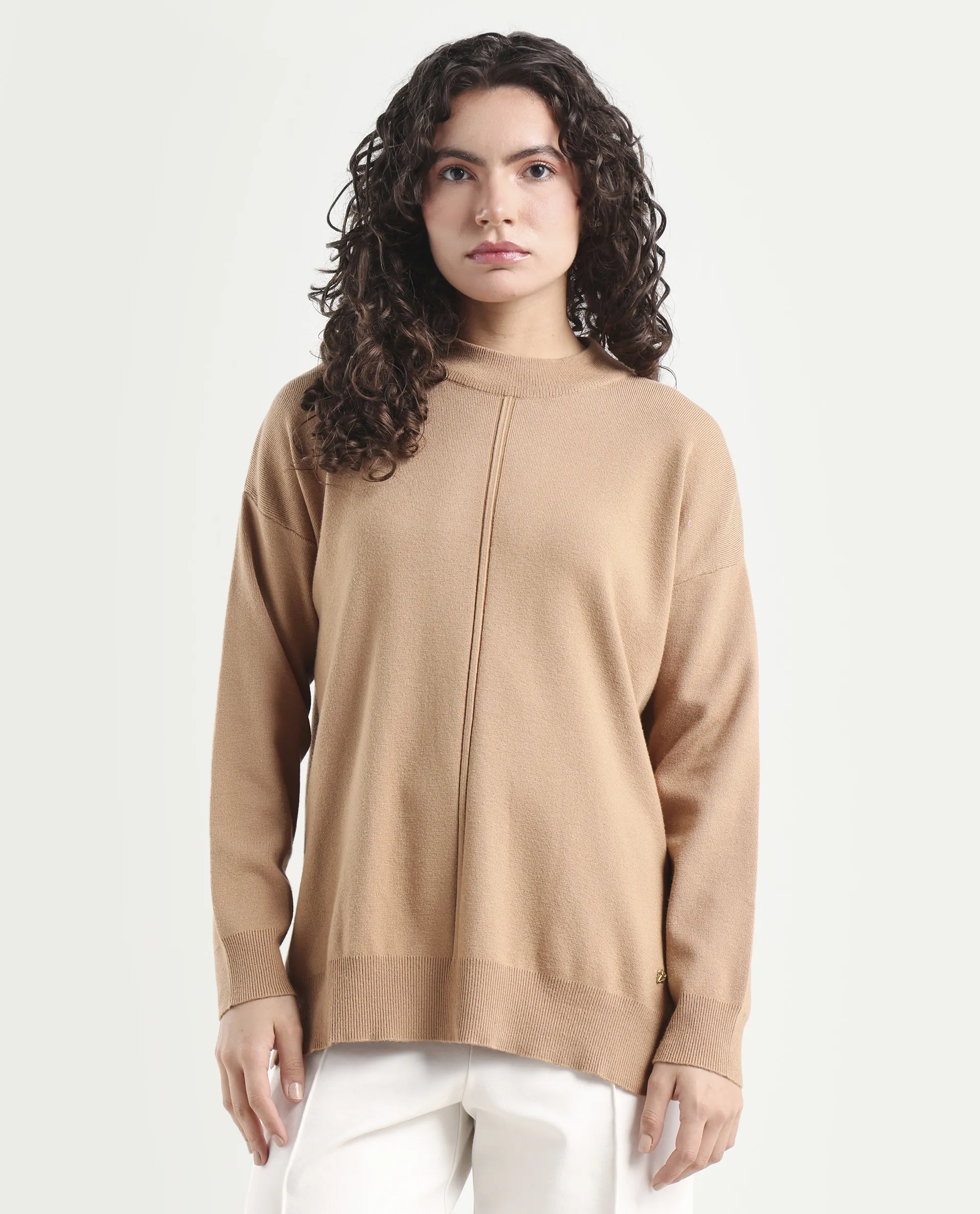Rareism Women's Omerli T Light Beige Viscose High Neck Plain Oversized Sweater - Image 3