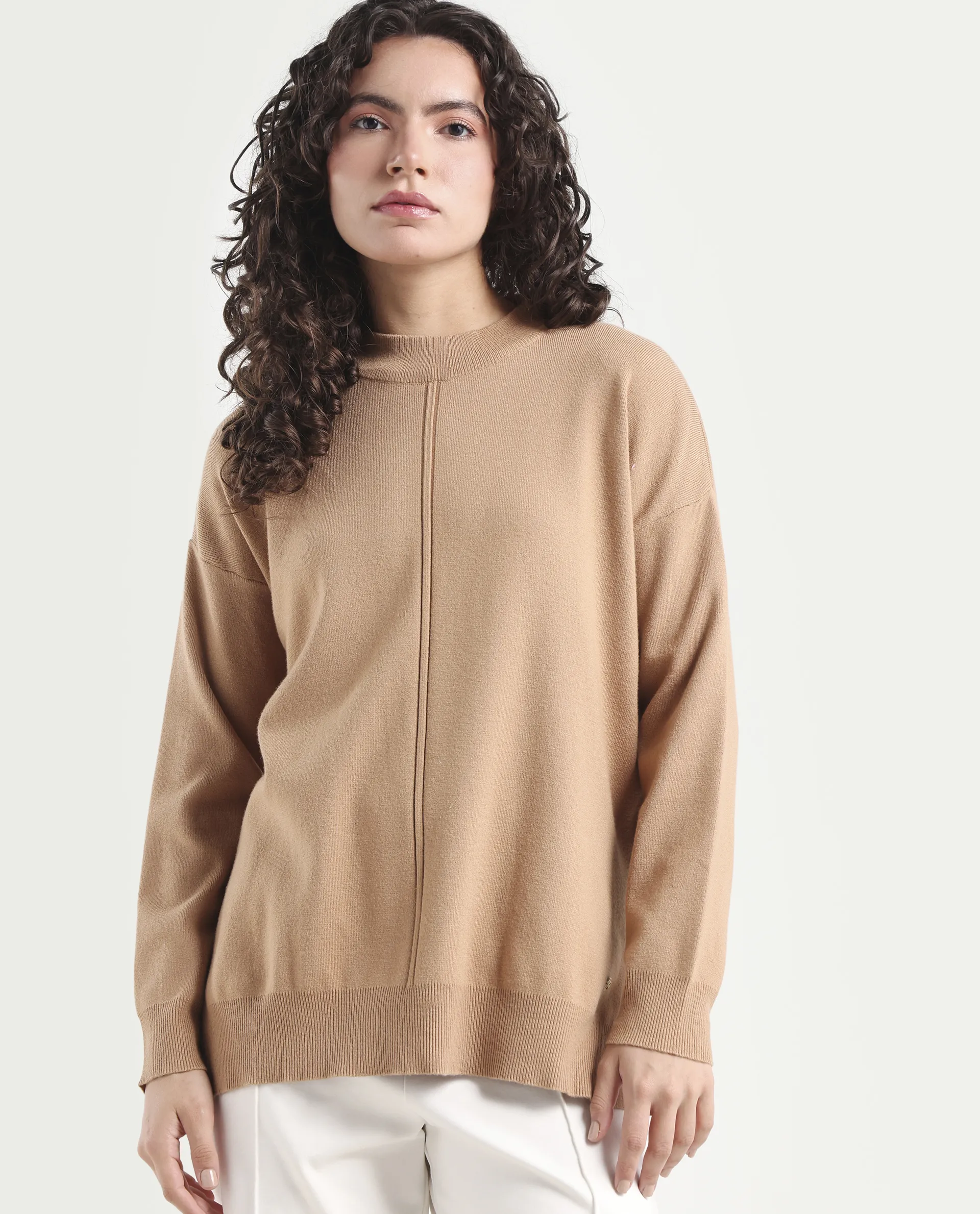 Rareism Women's Omerli T Light Beige Viscose High Neck Plain Oversized Sweater - Image 4