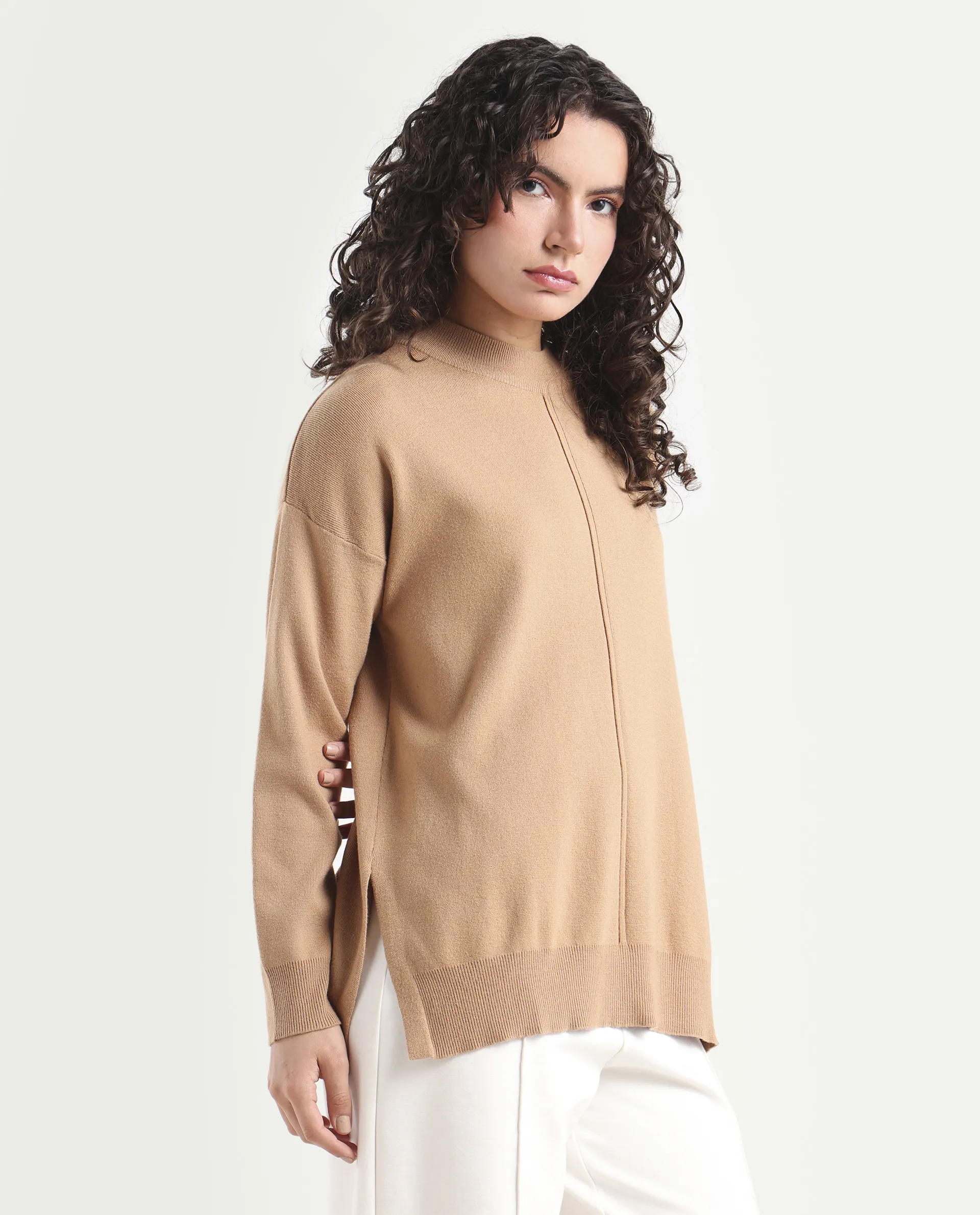 Rareism Women's Omerli T Light Beige Viscose High Neck Plain Oversized Sweater - Image 6