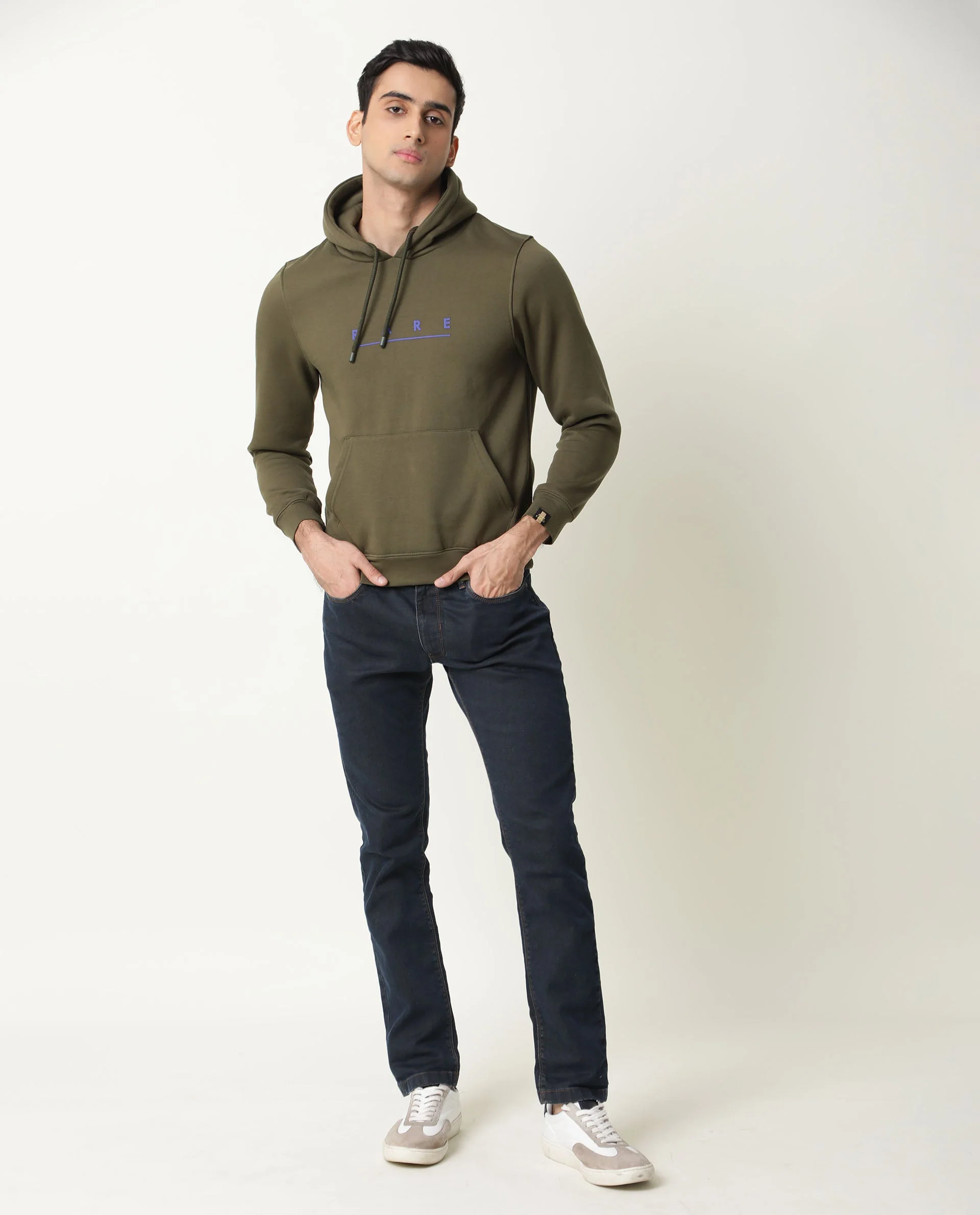 Rare Rabbit Men's Omi Olive Cotton Graphic Print Relaxed Fit Full Sleeve Hooded Sweatshirt - Image 2