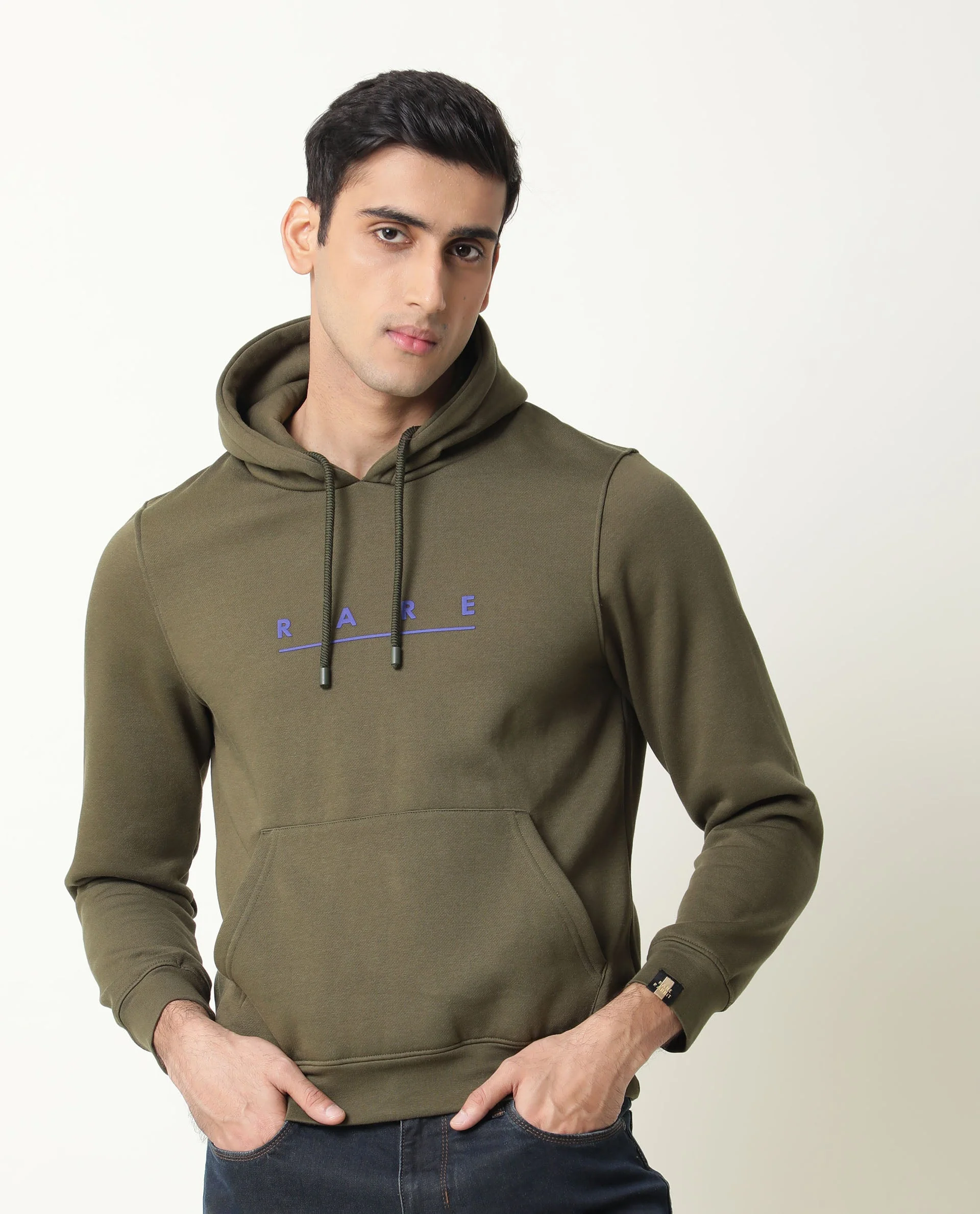 Rare Rabbit Men's Omi Olive Cotton Graphic Print Relaxed Fit Full Sleeve Hooded Sweatshirt - Image 3