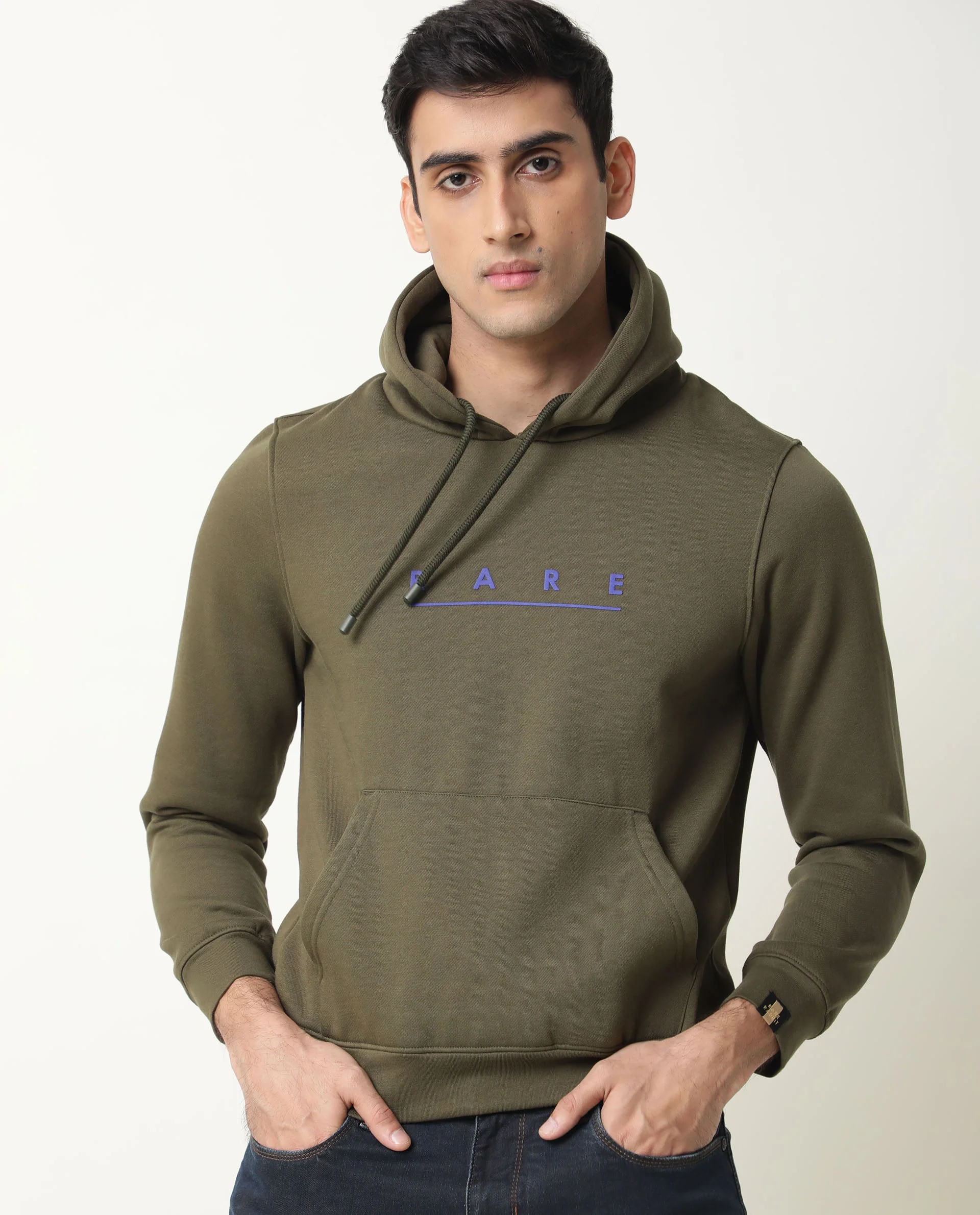 Rare Rabbit Men's Omi Olive Cotton Graphic Print Relaxed Fit Full Sleeve Hooded Sweatshirt - Image 4