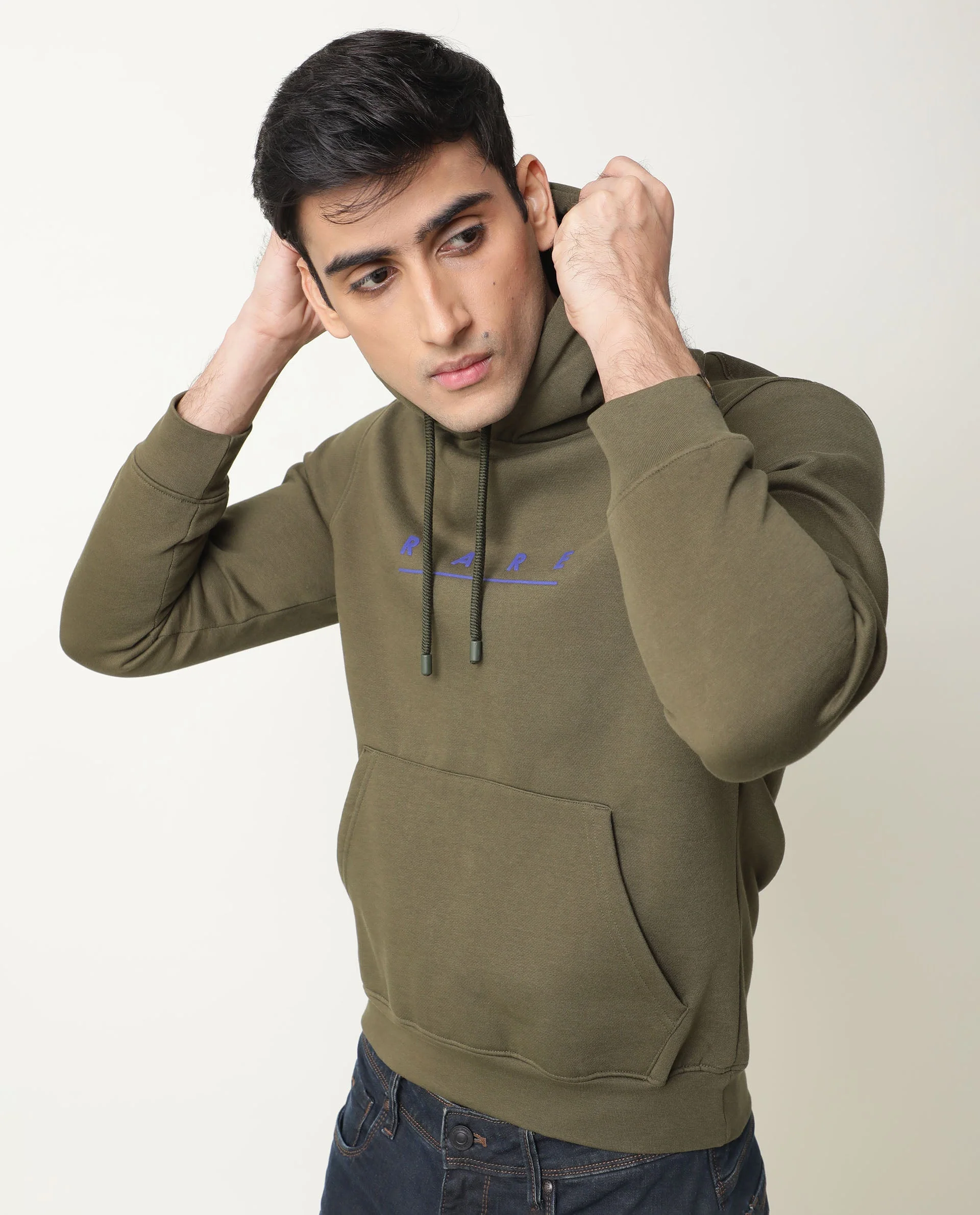 Rare Rabbit Men's Omi Olive Cotton Graphic Print Relaxed Fit Full Sleeve Hooded Sweatshirt - Image 6