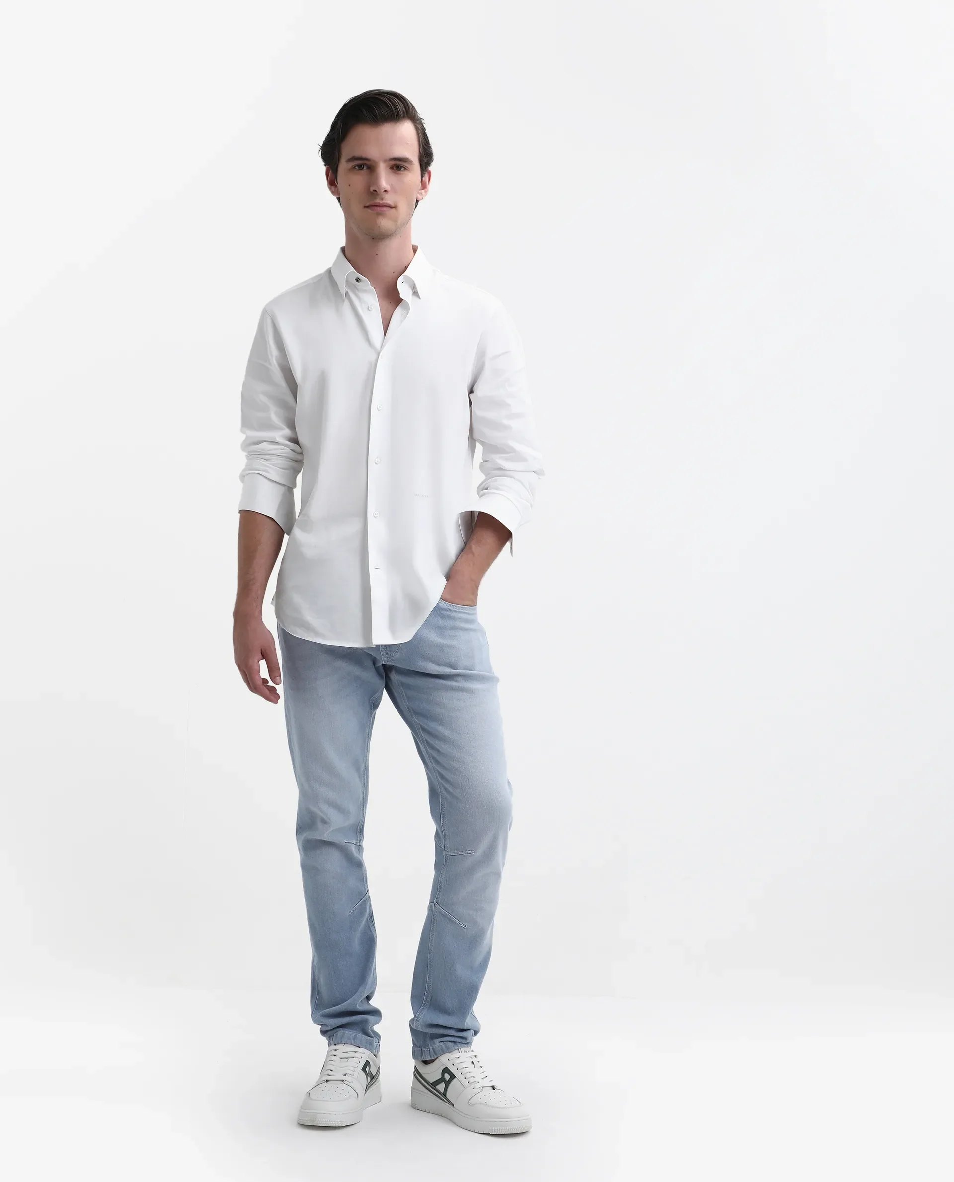 Rare Rabbit Men's Omir-1 Light Blue Cotton Blend Plain Morris Regular Fit Jeans - Image 2
