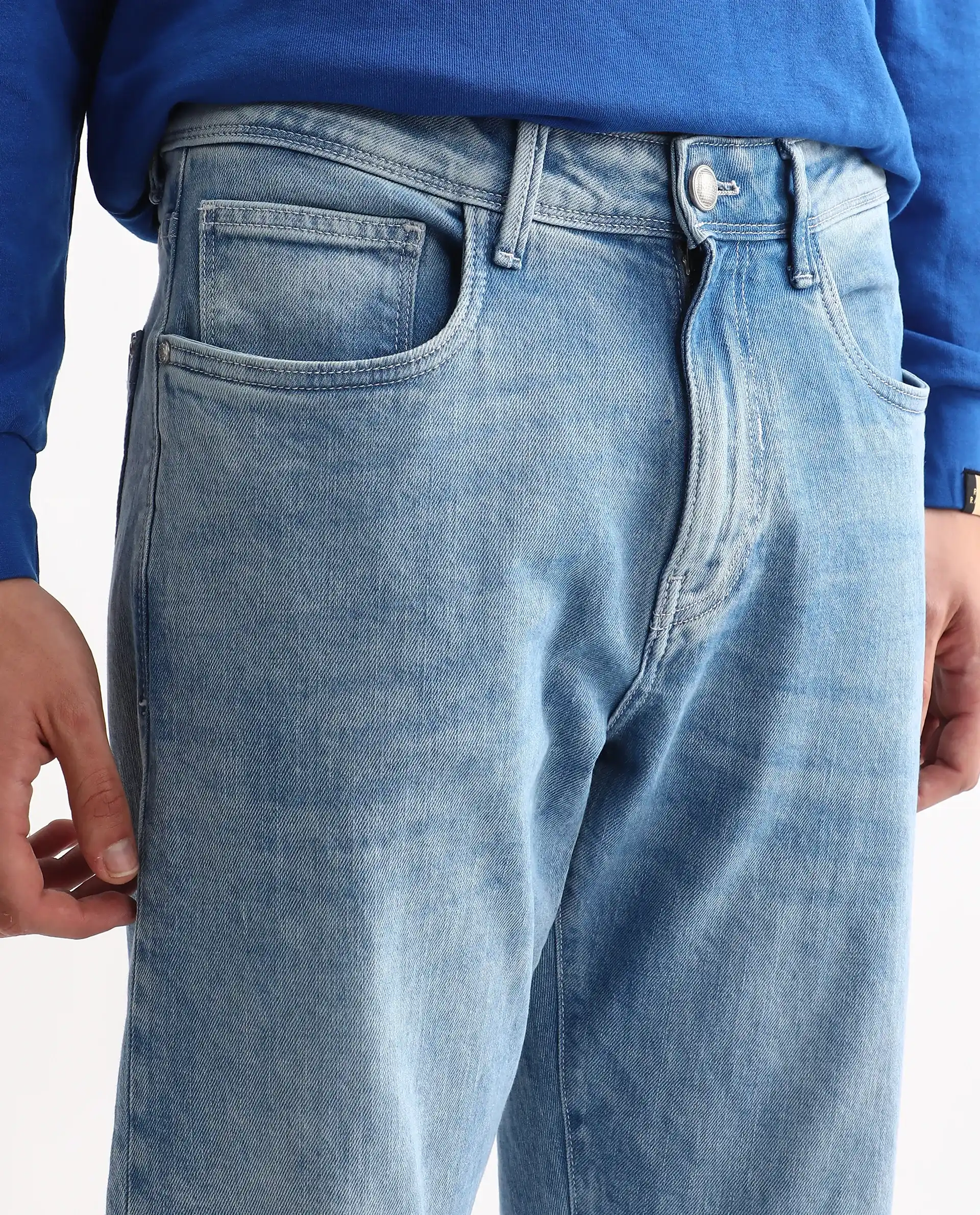 Rare Rabbit Men's Omir-R Light Blue Cotton Blend Fabric Button Closure Morris Regular Fit Plain Jeans - Image 3