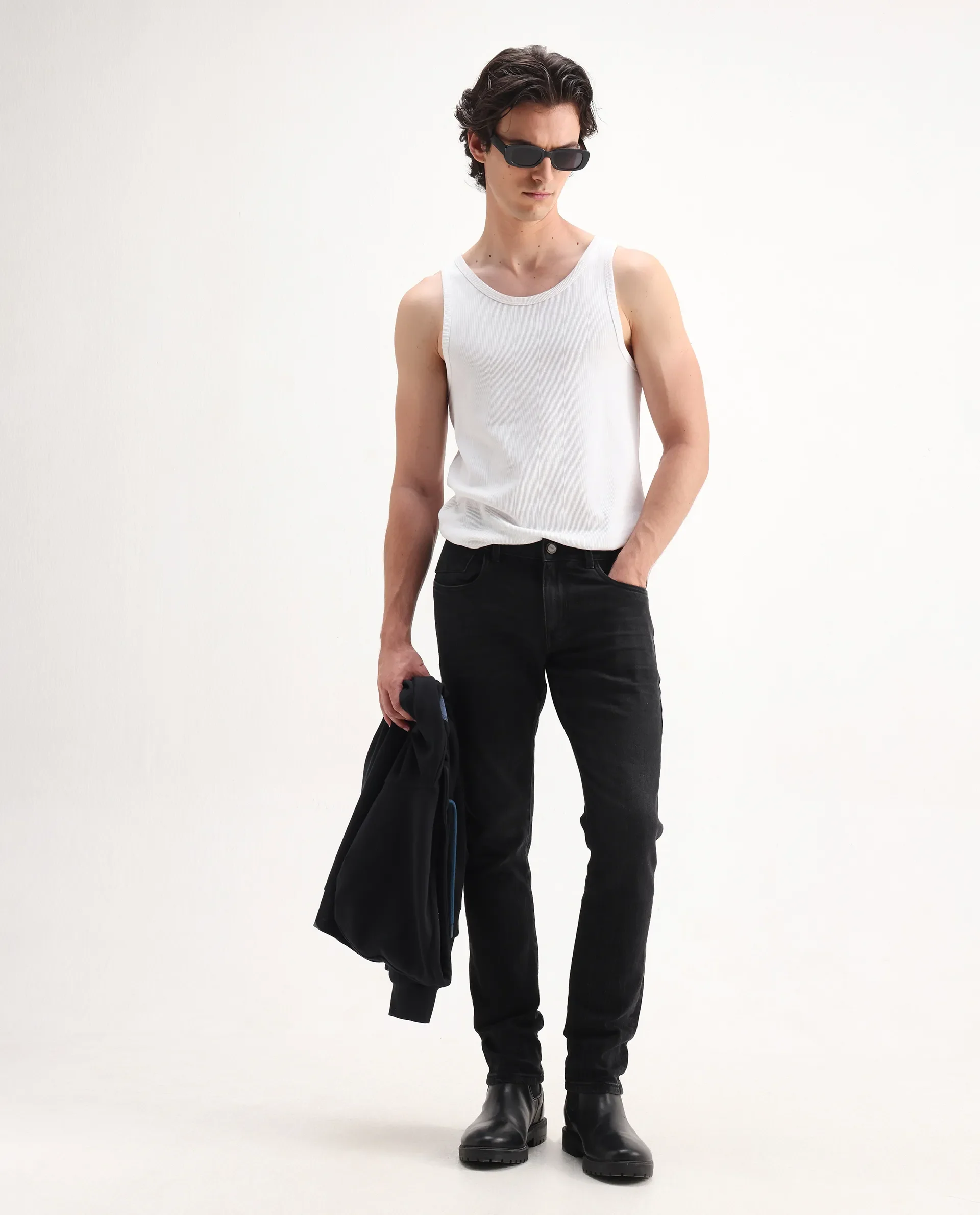 Rare Rabbit Men's Omiros Black Cotton Blend Plain Hawk Slim Fit Jeans - Image 2