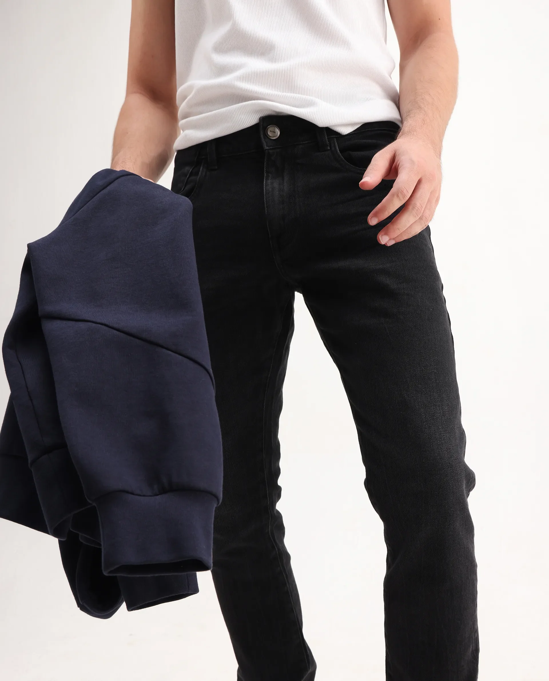 Rare Rabbit Men's Omiros Black Cotton Blend Plain Hawk Slim Fit Jeans - Image 3